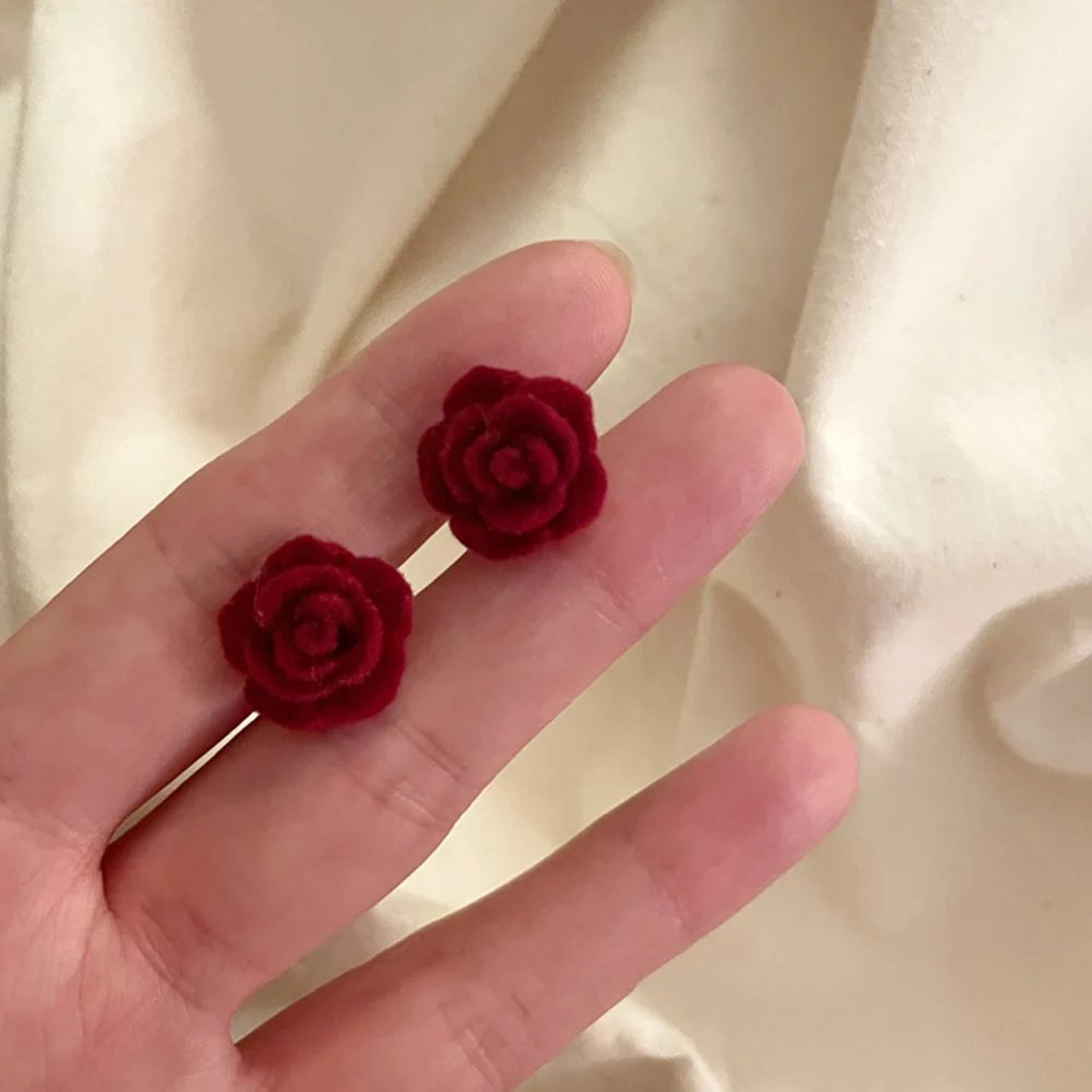 Vintage Wine Red Flocked Rose Stud Earrings 0