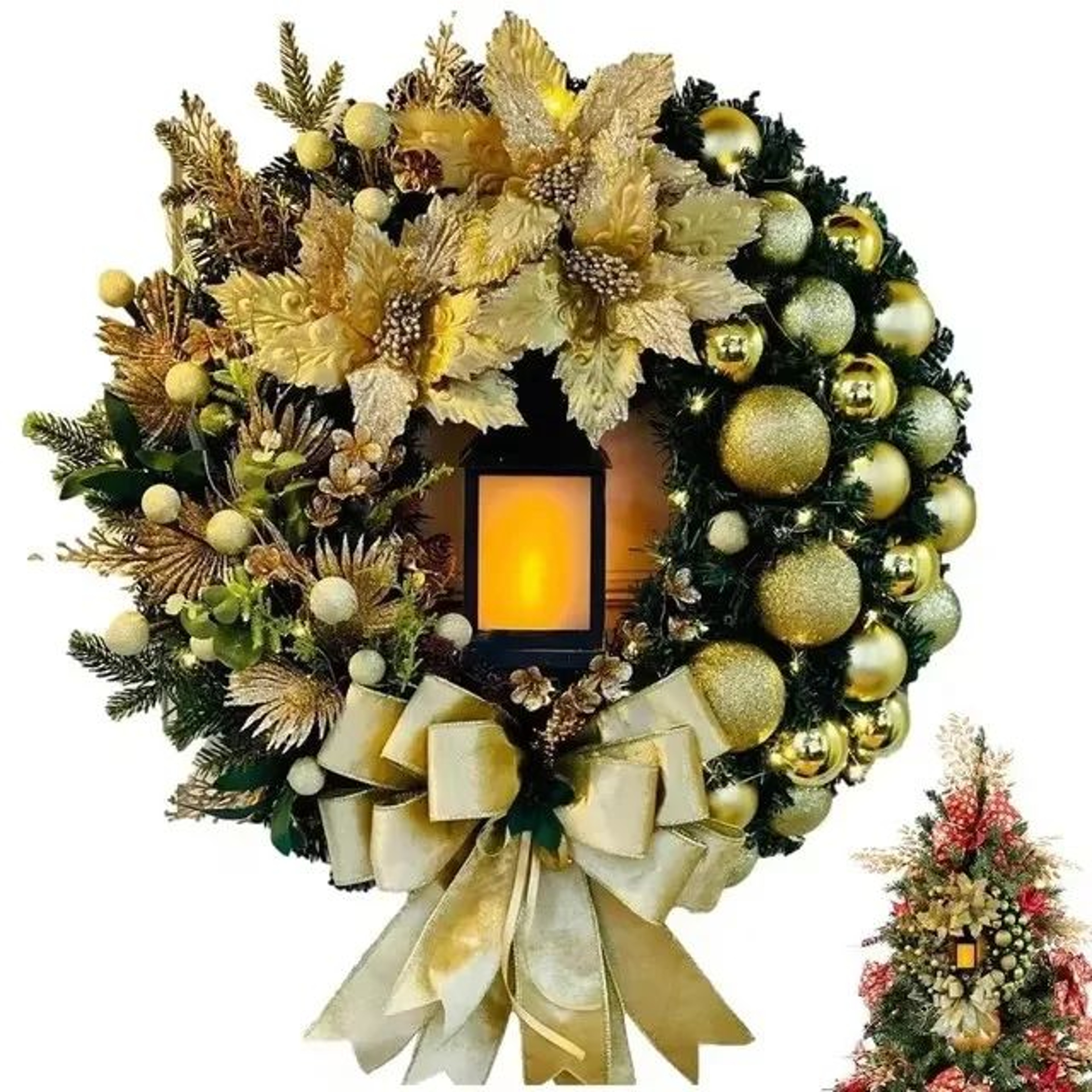 30cm Christmas Wreath With Lantern And Large Bow 7