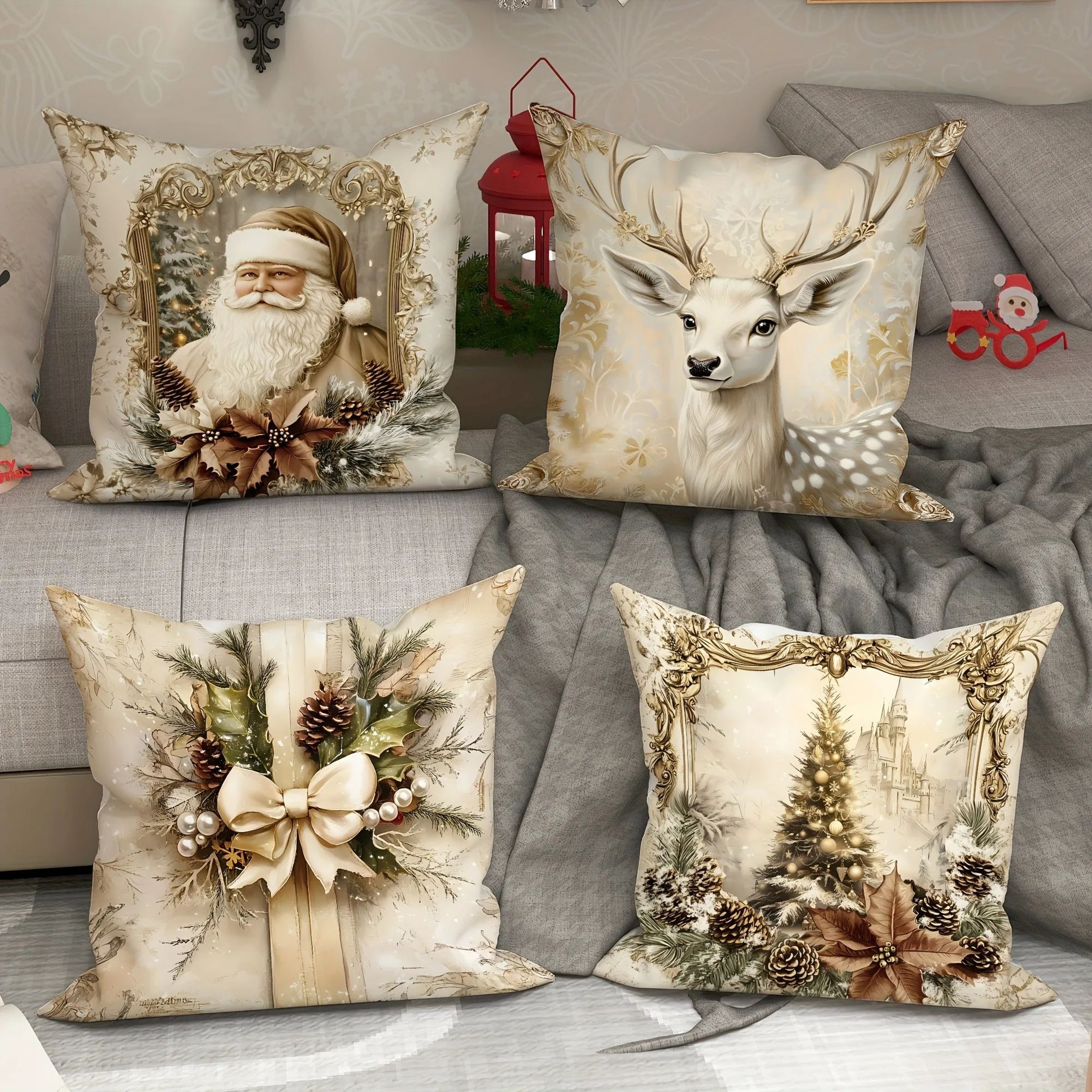 Santa Reindeer Christmas Tree Decorative Pillow Cover 3