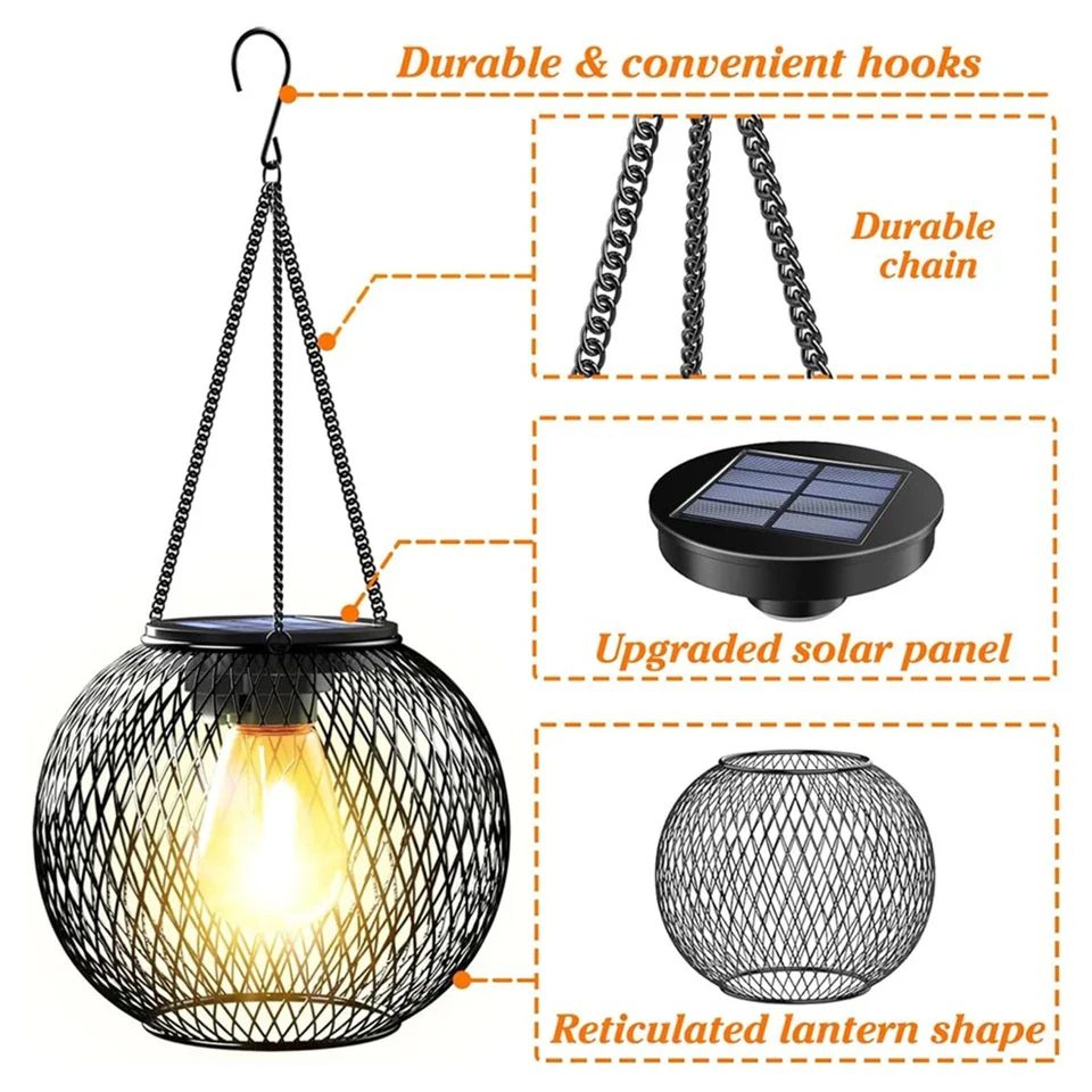 Solar LED Hanging Lantern Waterproof Metal Garden Light With Chain 2