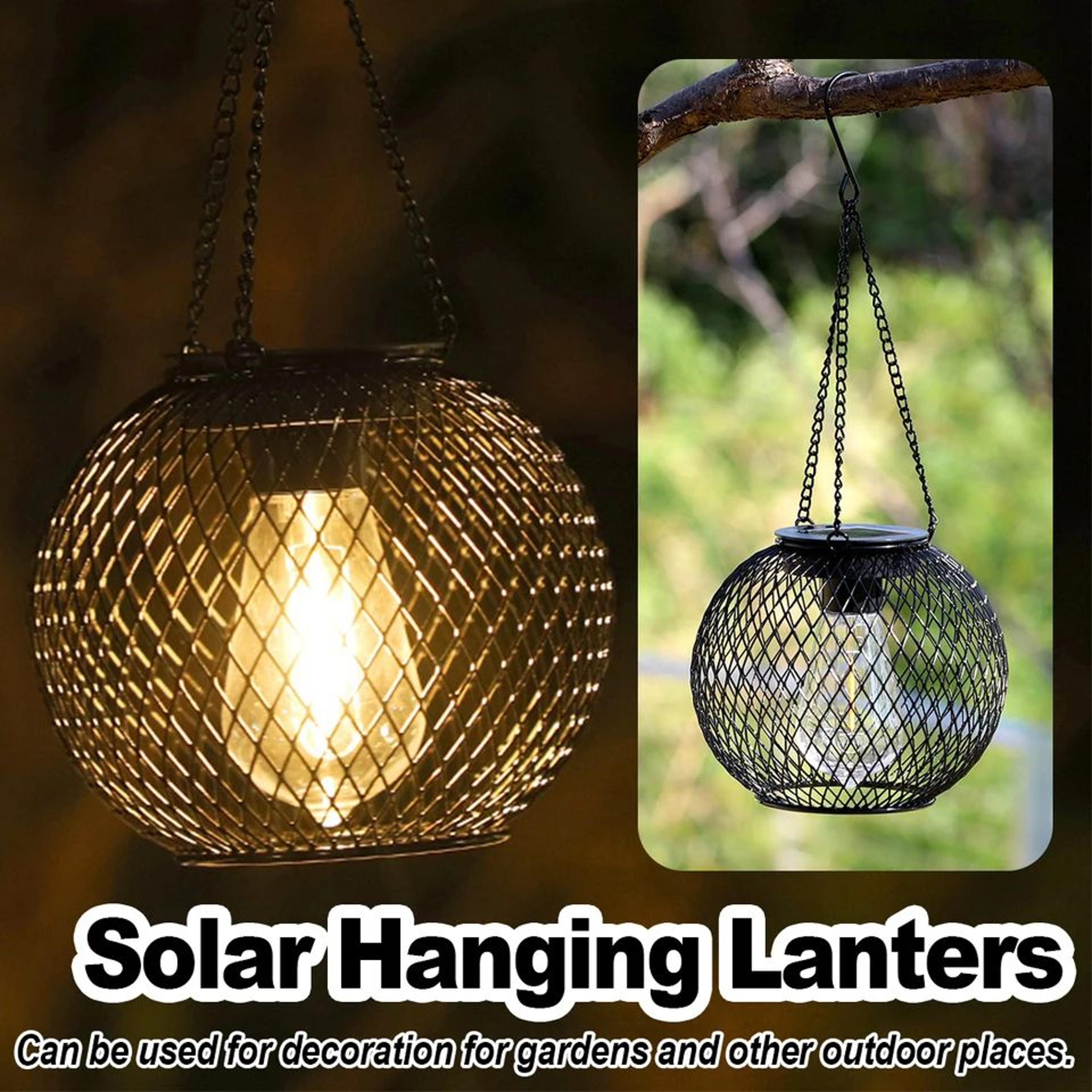 Solar LED Hanging Lantern Waterproof Metal Garden Light With Chain 0