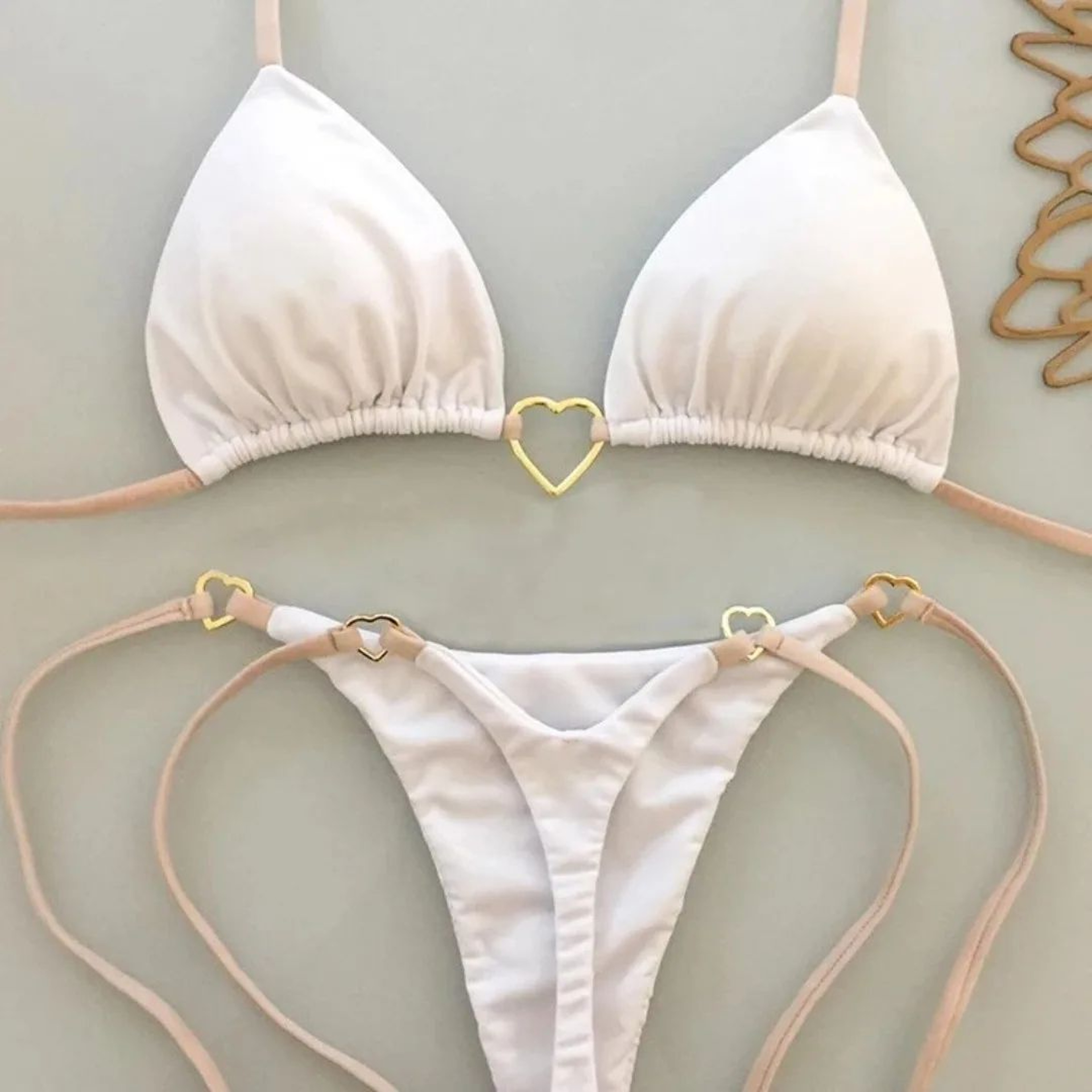 White Lace Up Bikini Set With Low Waist Bottoms 0