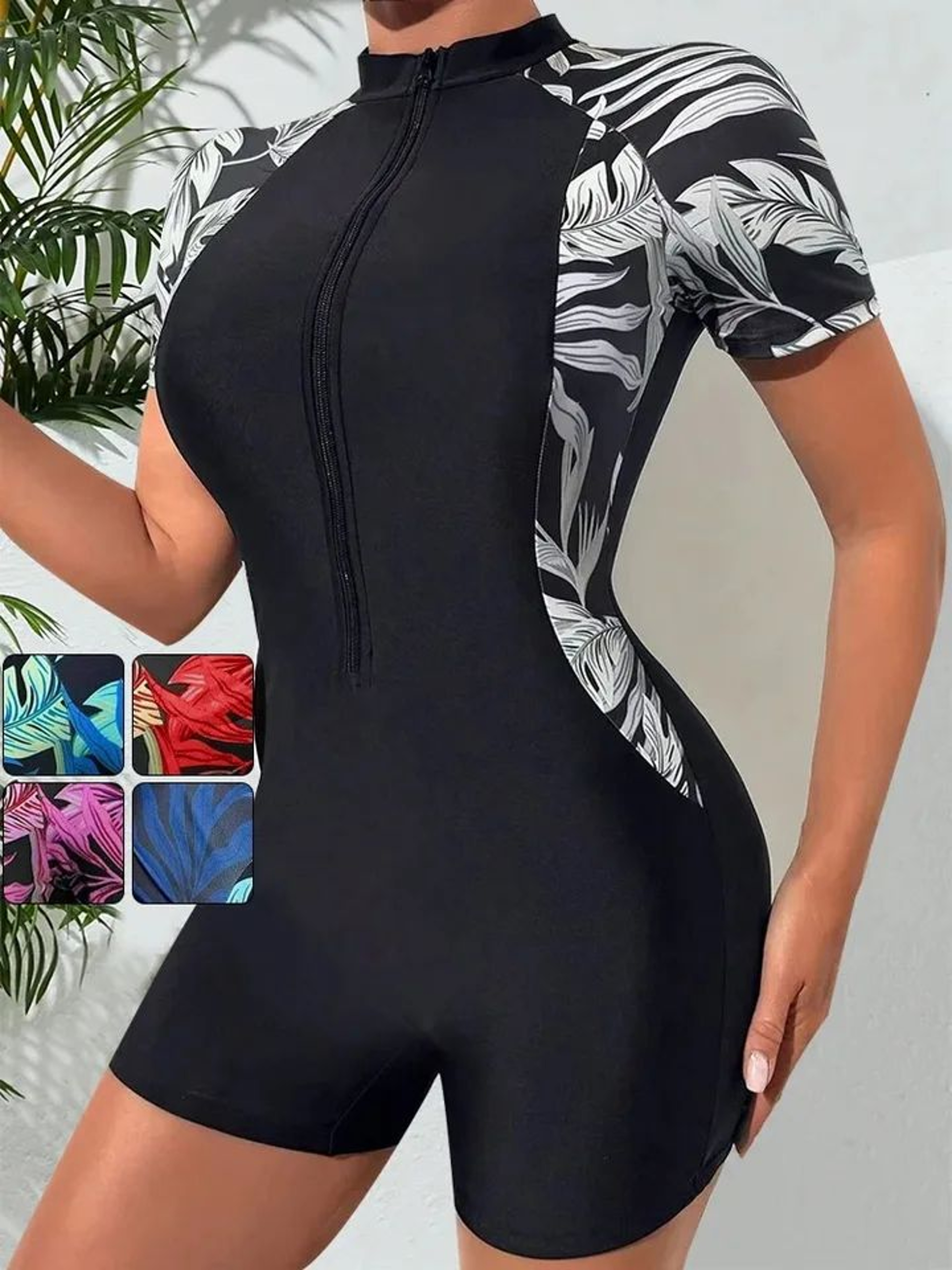 Womens Tropical Print Zip Front Short Sleeve One Piece Swimsuit 0