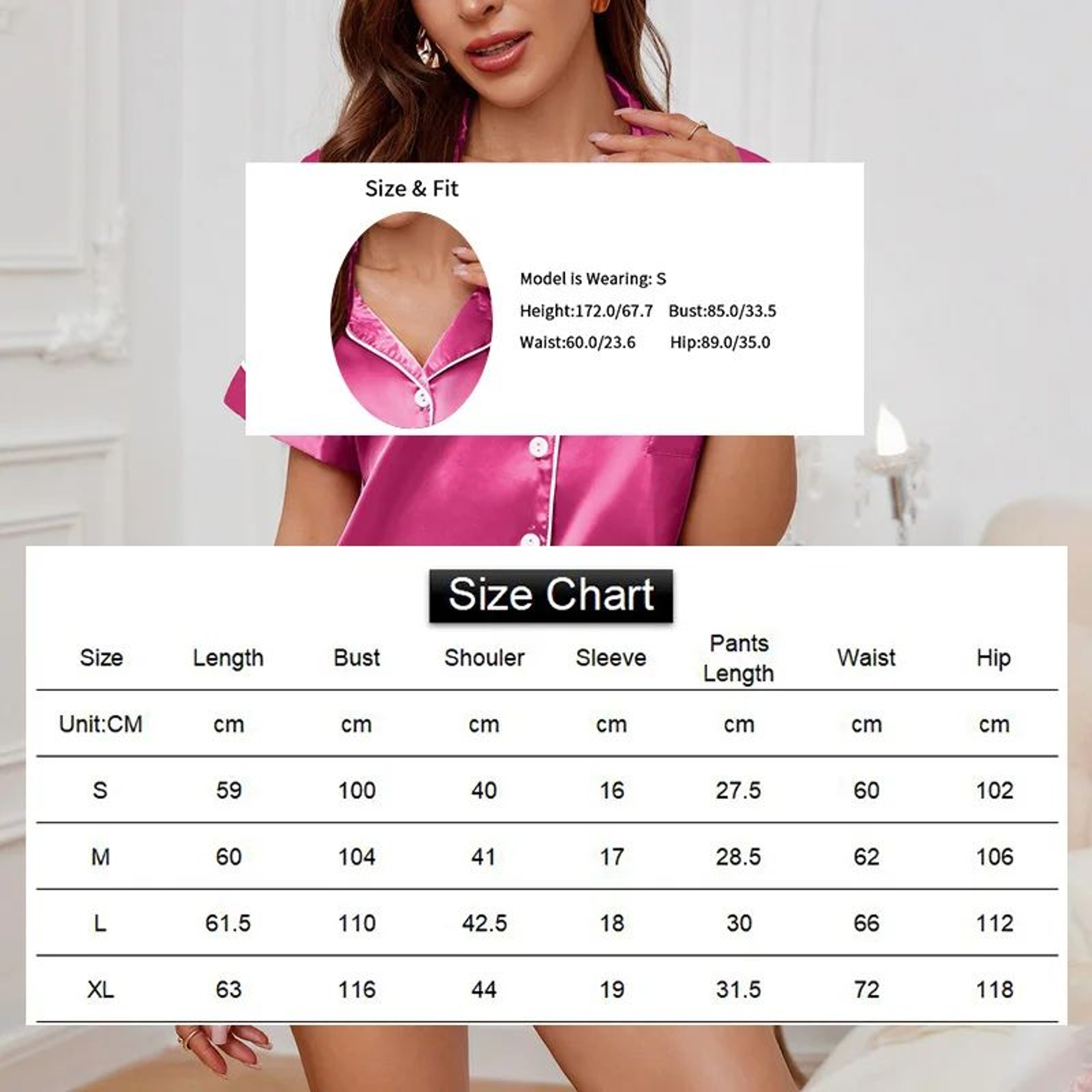 Womens Satin Pajama Set with Button Up Top and Shorts – view 2