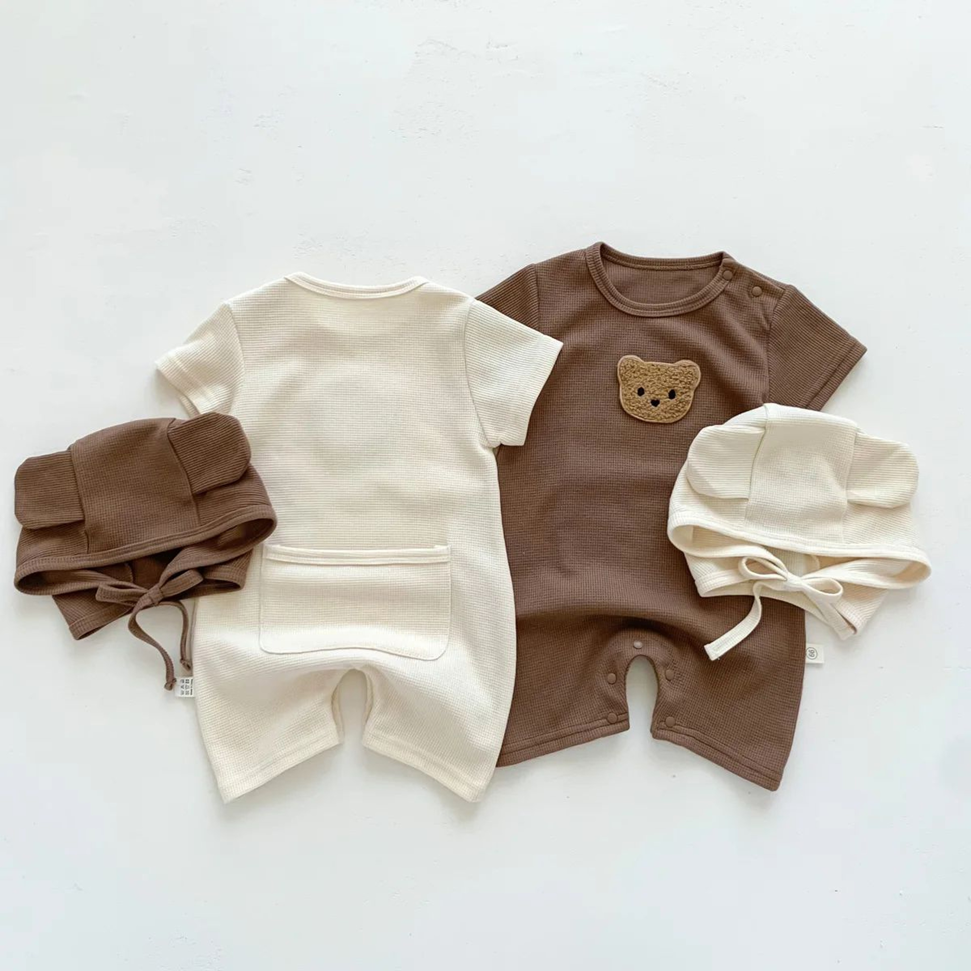 Baby Cotton Waffle Bear Romper With Ear Detail Hat 1