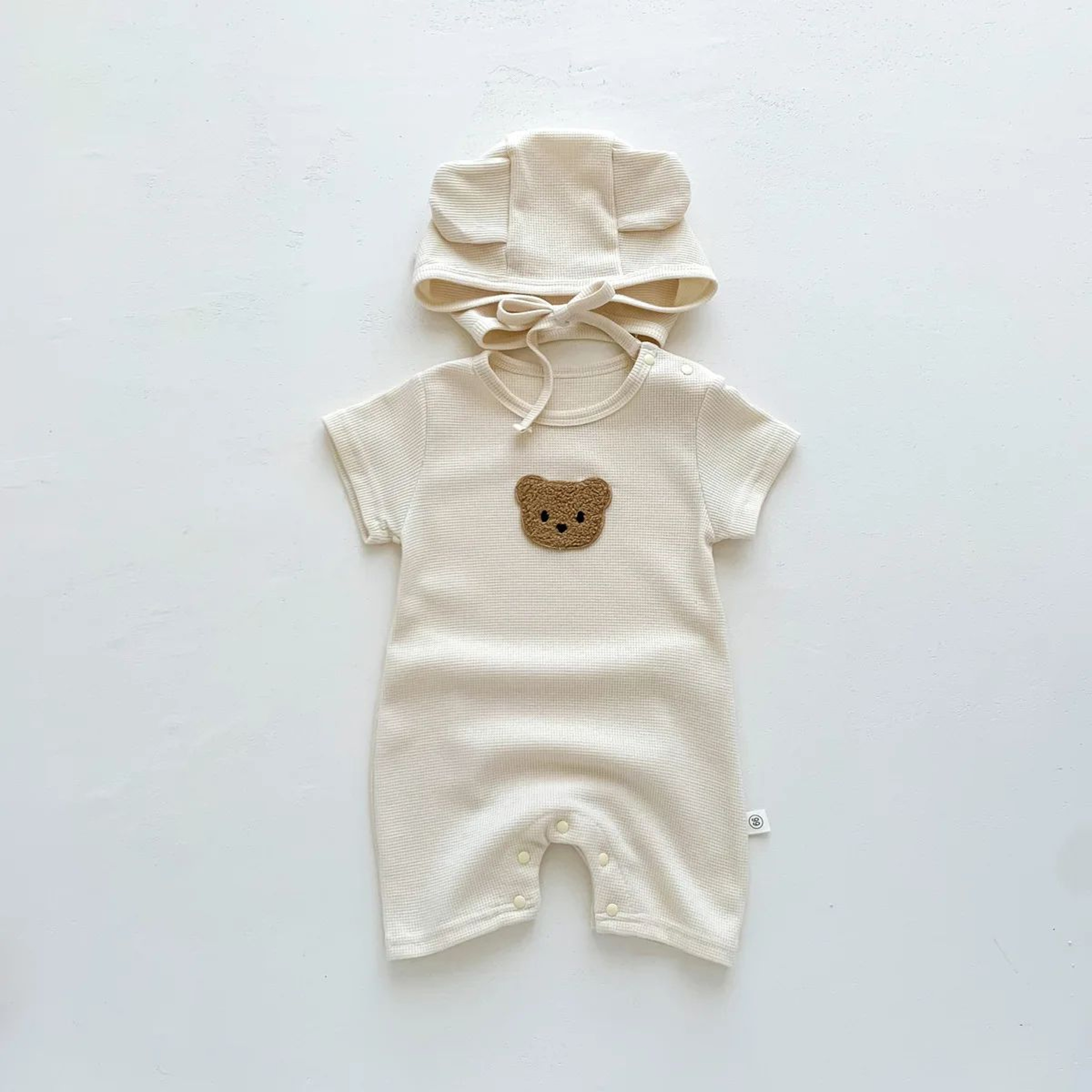 Baby Cotton Waffle Bear Romper With Ear Detail Hat 2