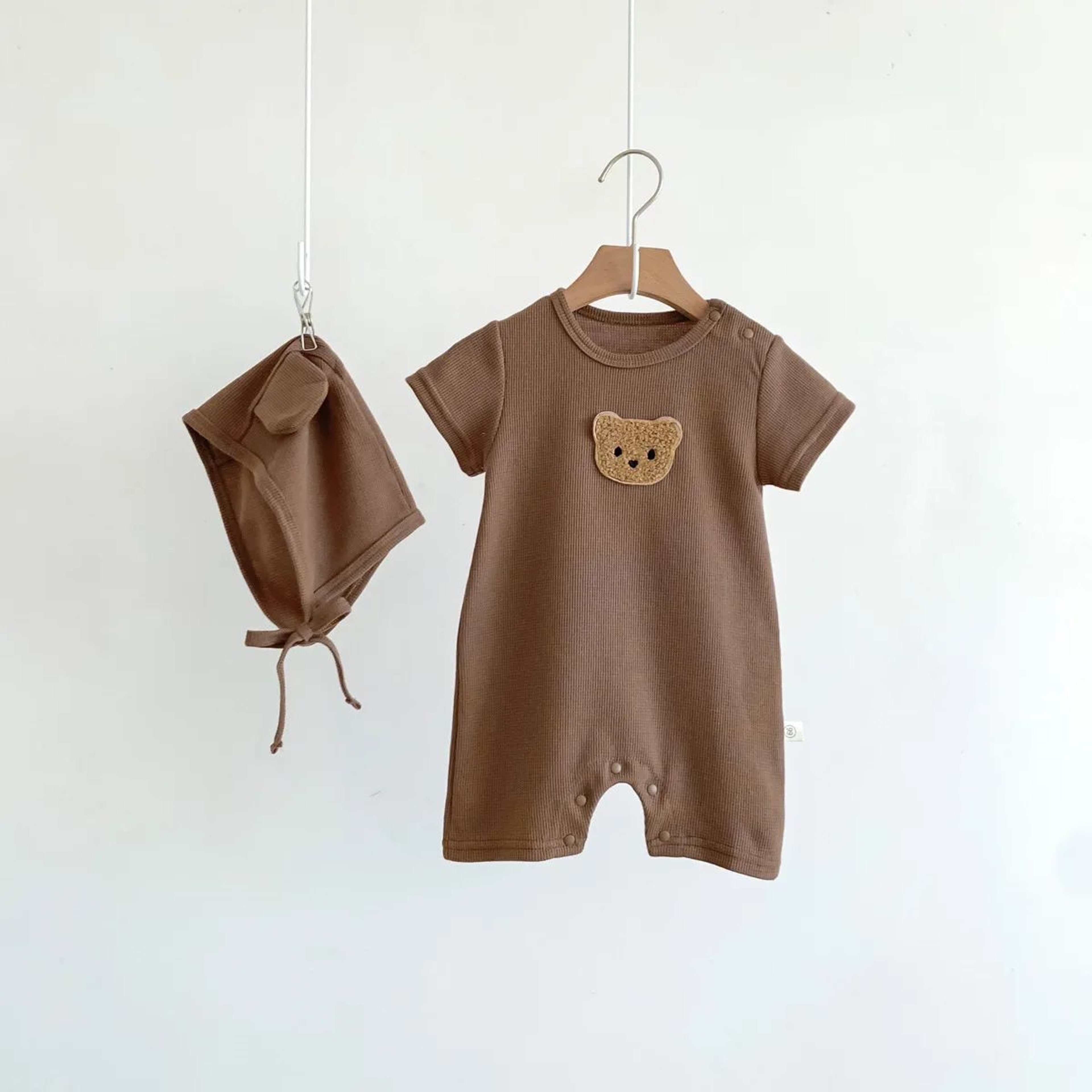 Baby Cotton Waffle Bear Romper With Ear Detail Hat 3