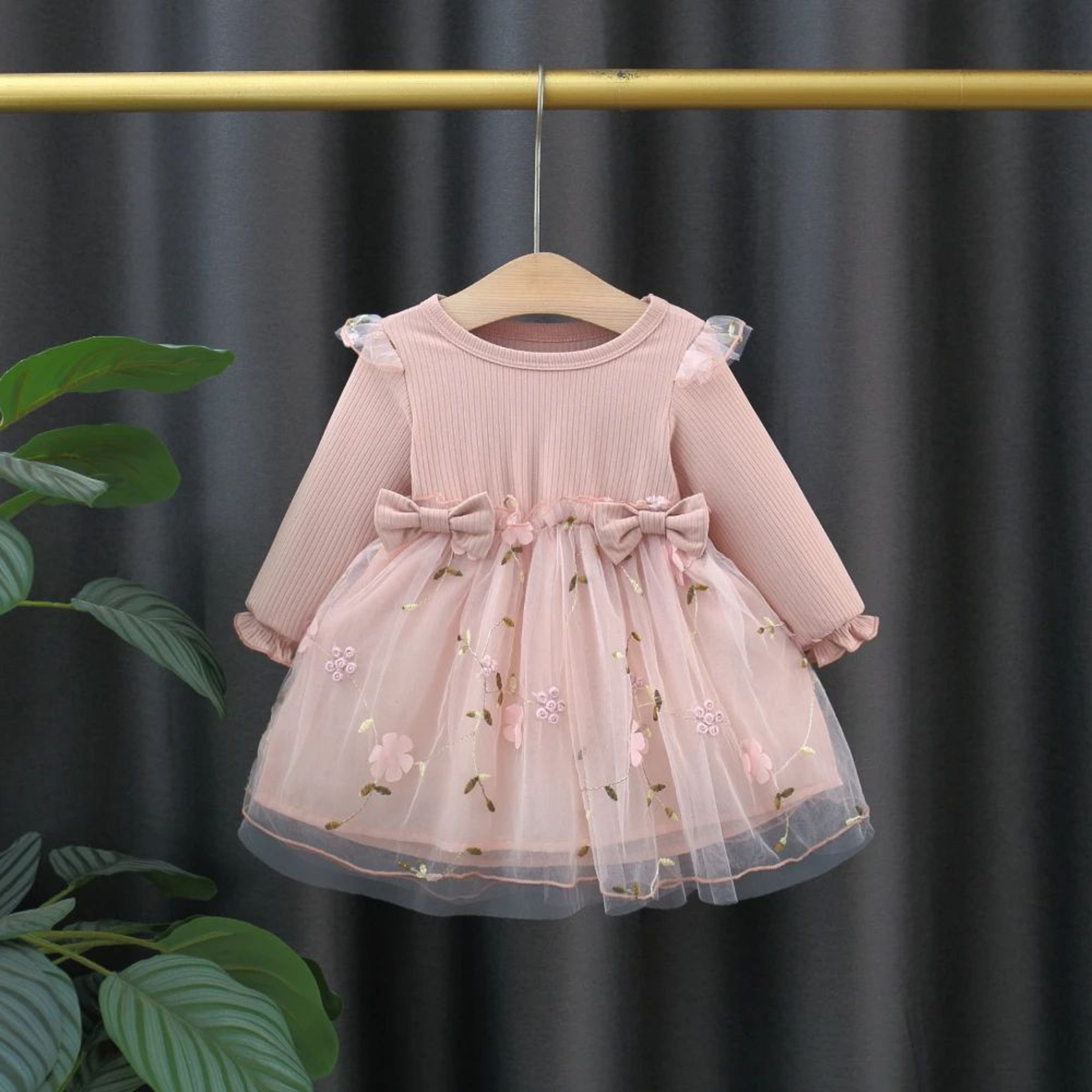Baby Girl Pink Knit Dress With Flower Embroidery And Long Sleeves 6