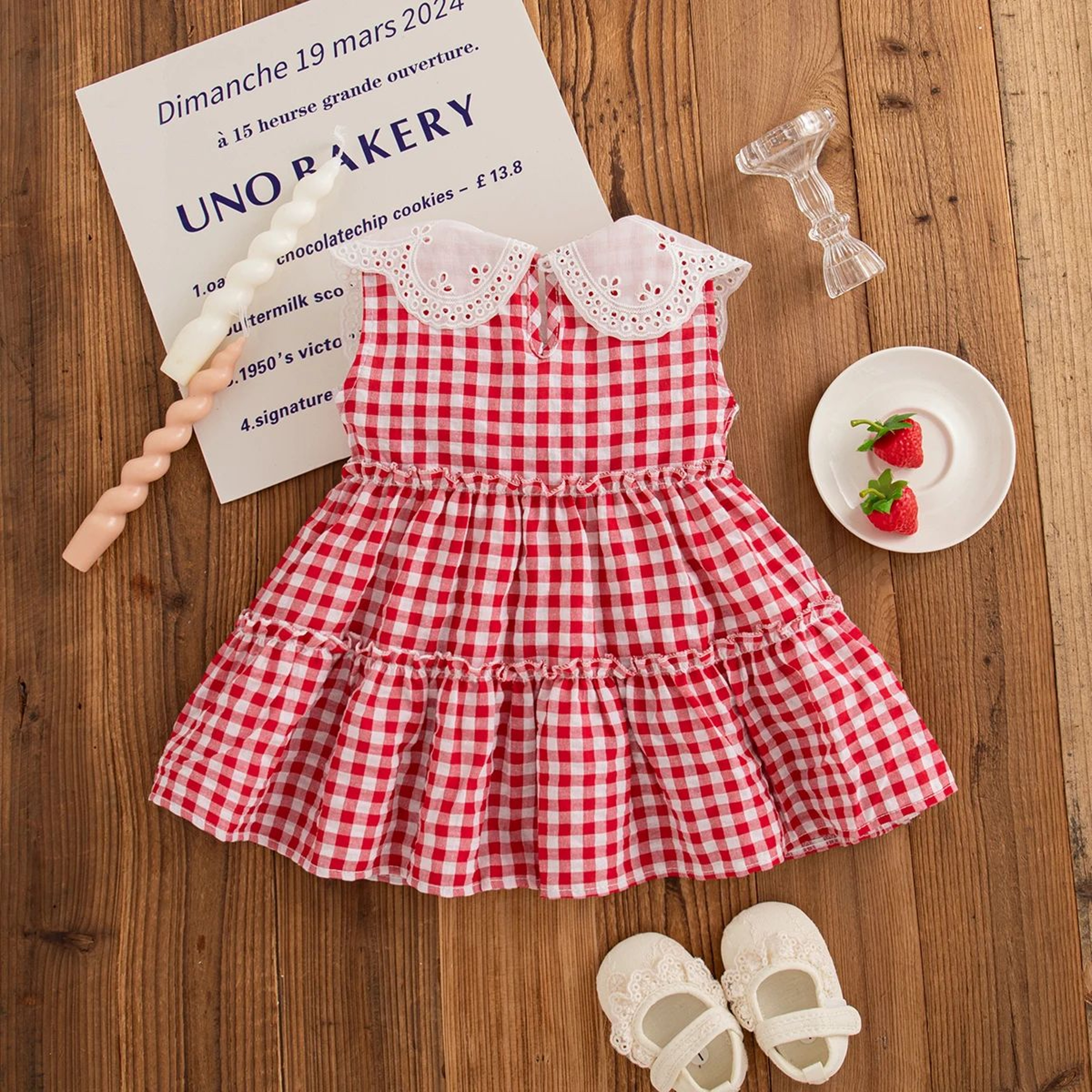 Toddler Girl Red Check Dress With Strawberry Embroidery 1
