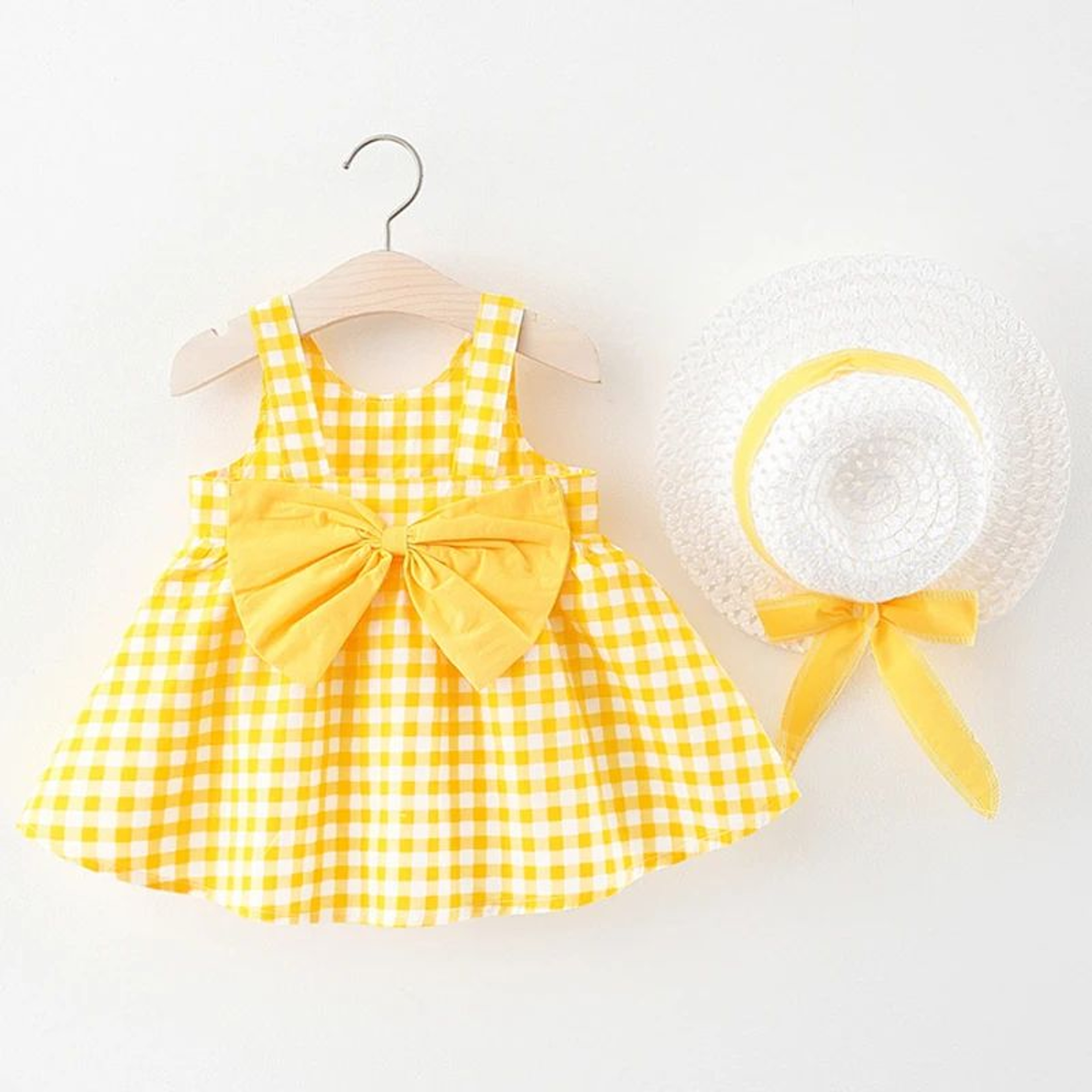 Baby Girl Cotton Plaid Summer Dress With Bow And Sunhat 0