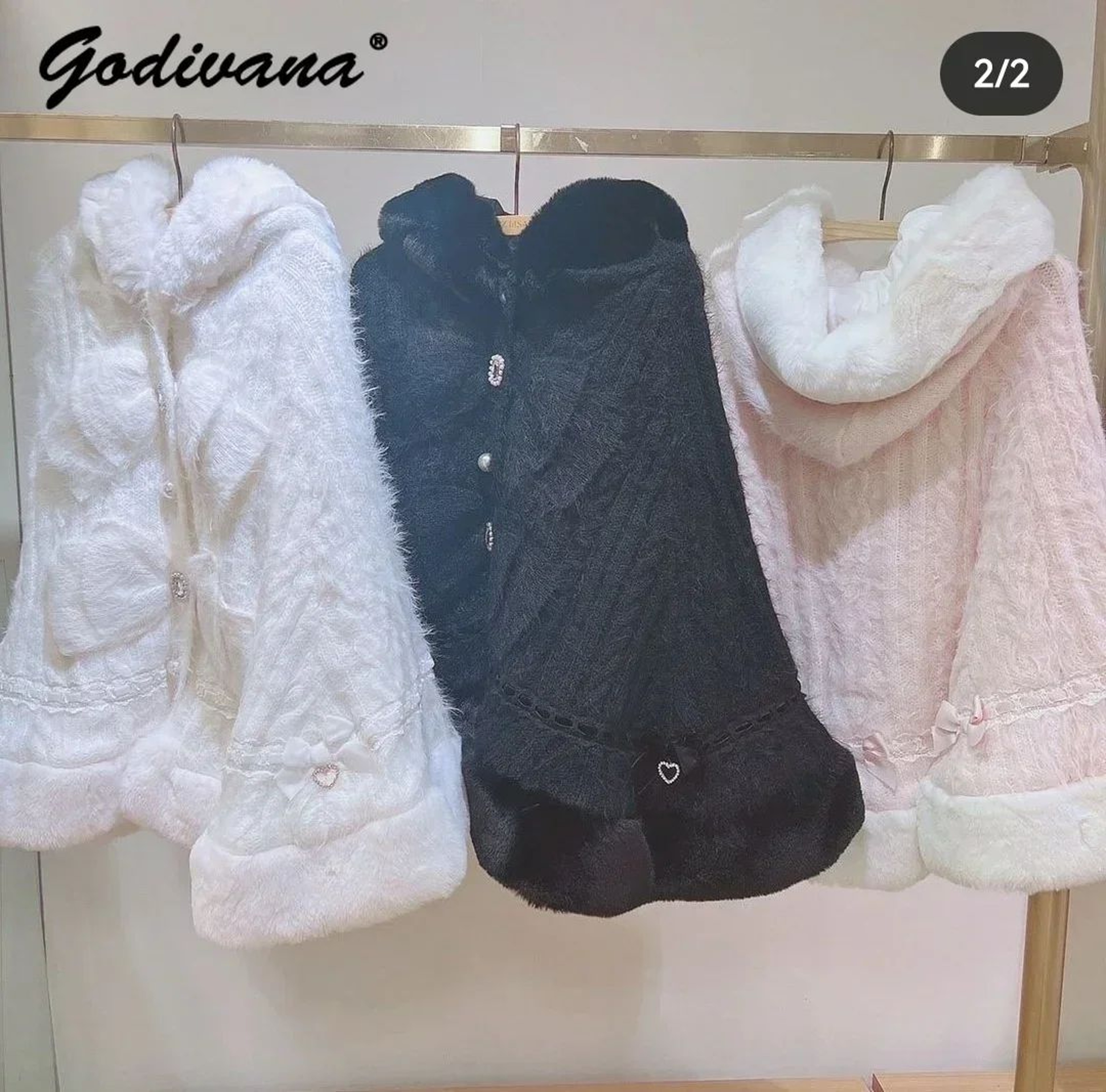 Women Hooded Double Layer Knitted Cape With Large Ribbon 2