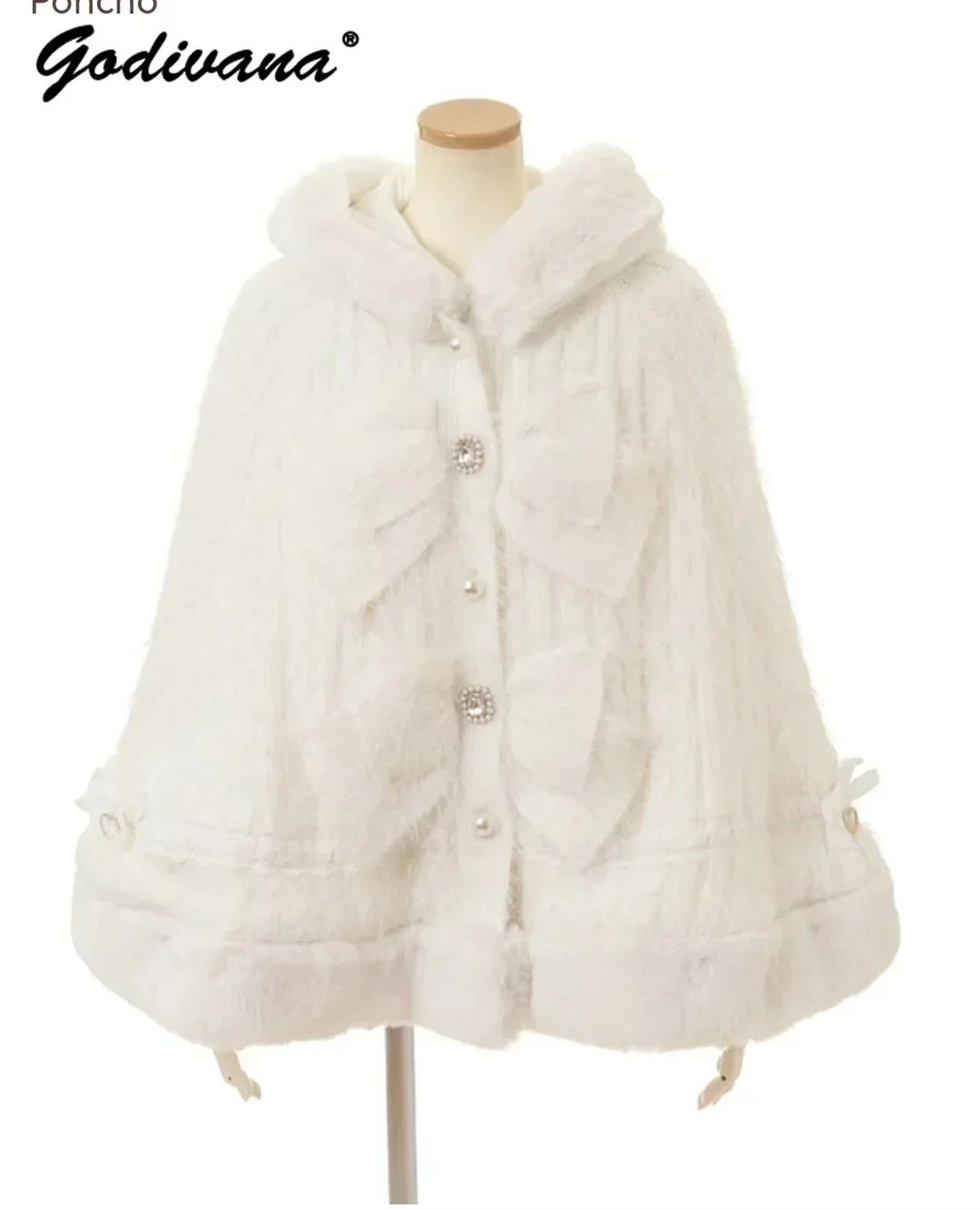 Women Hooded Double Layer Knitted Cape With Large Ribbon 0