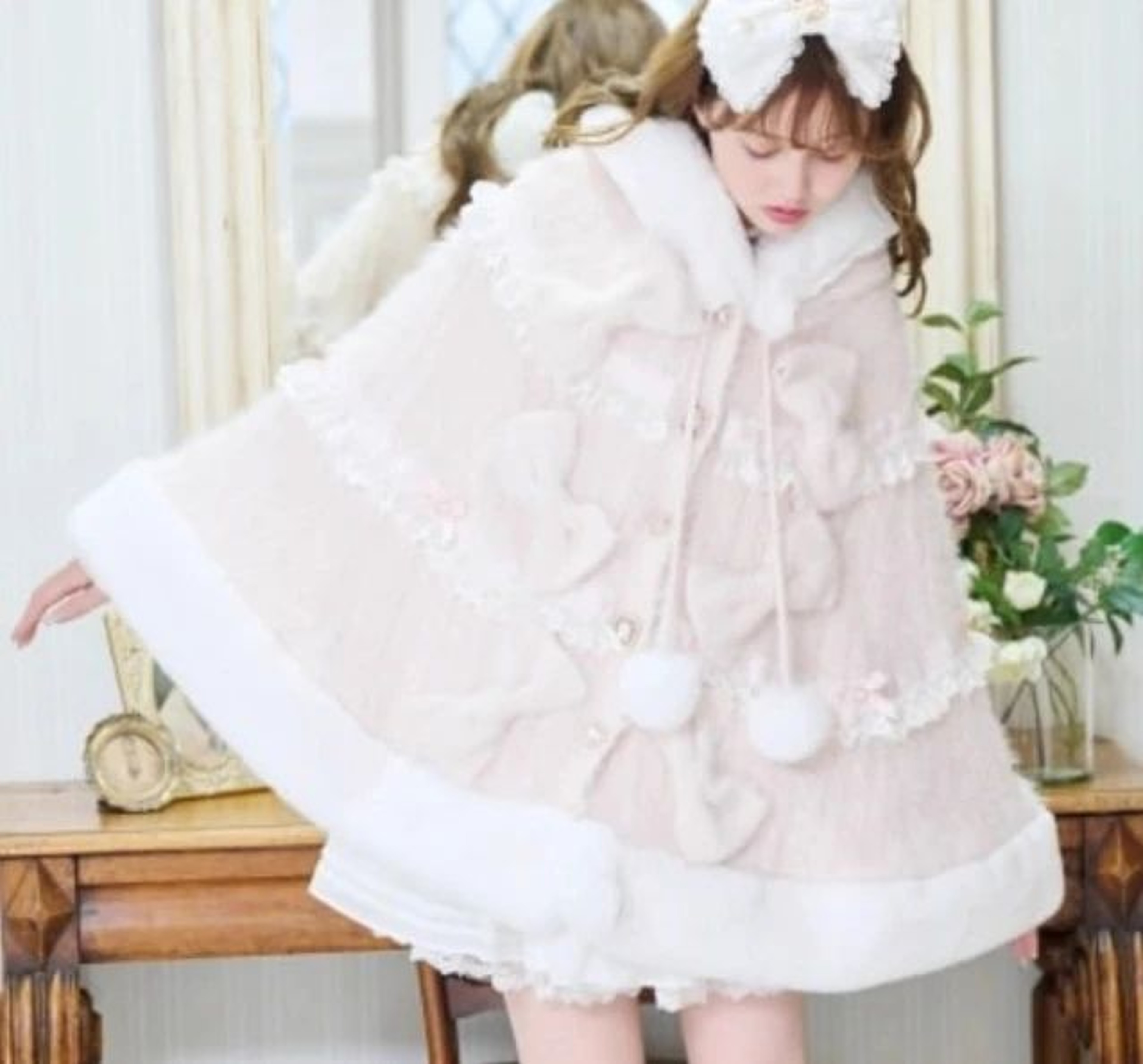 Women Hooded Double Layer Knitted Cape With Large Ribbon 13