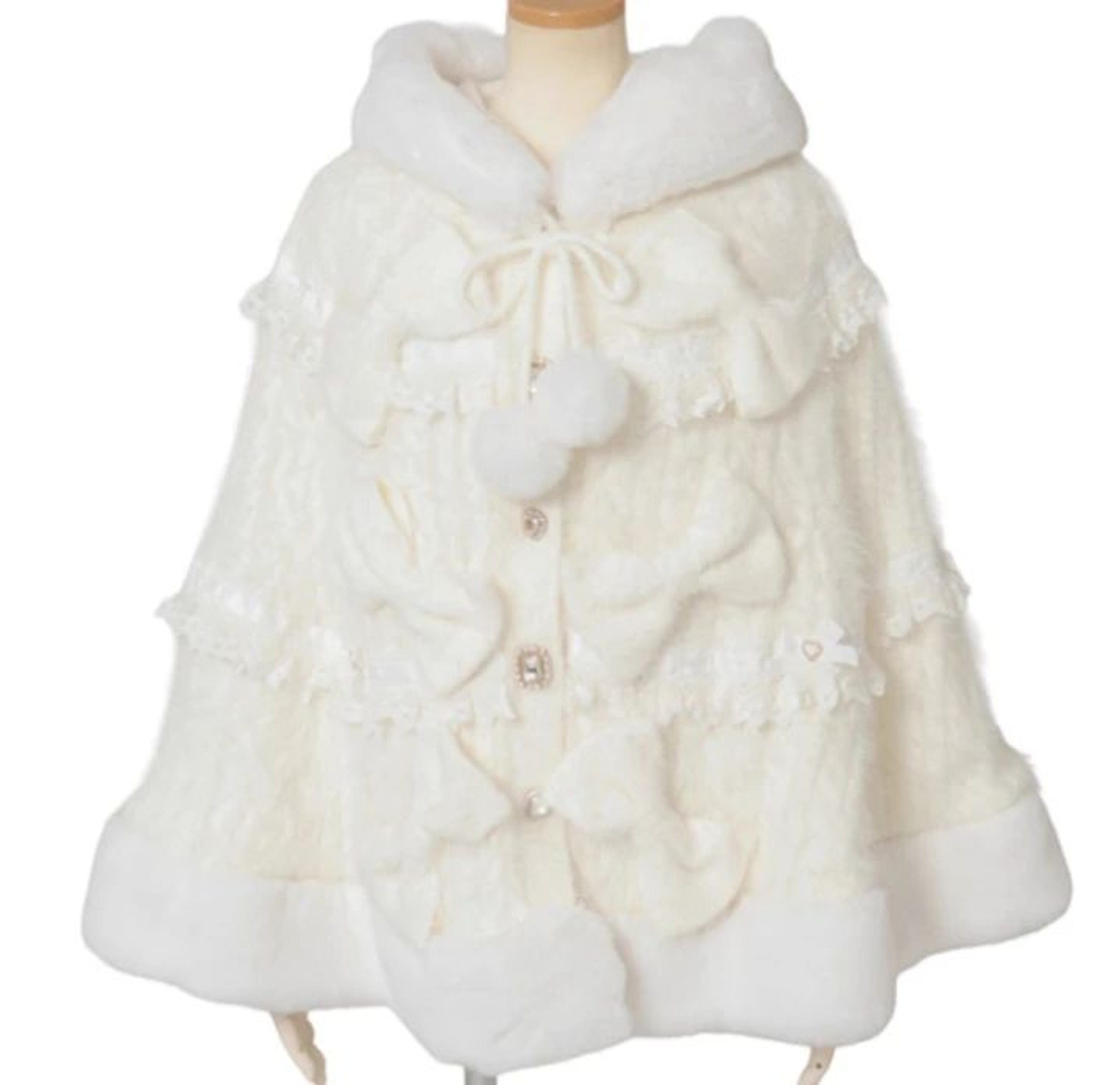 Women Hooded Double Layer Knitted Cape With Large Ribbon 9