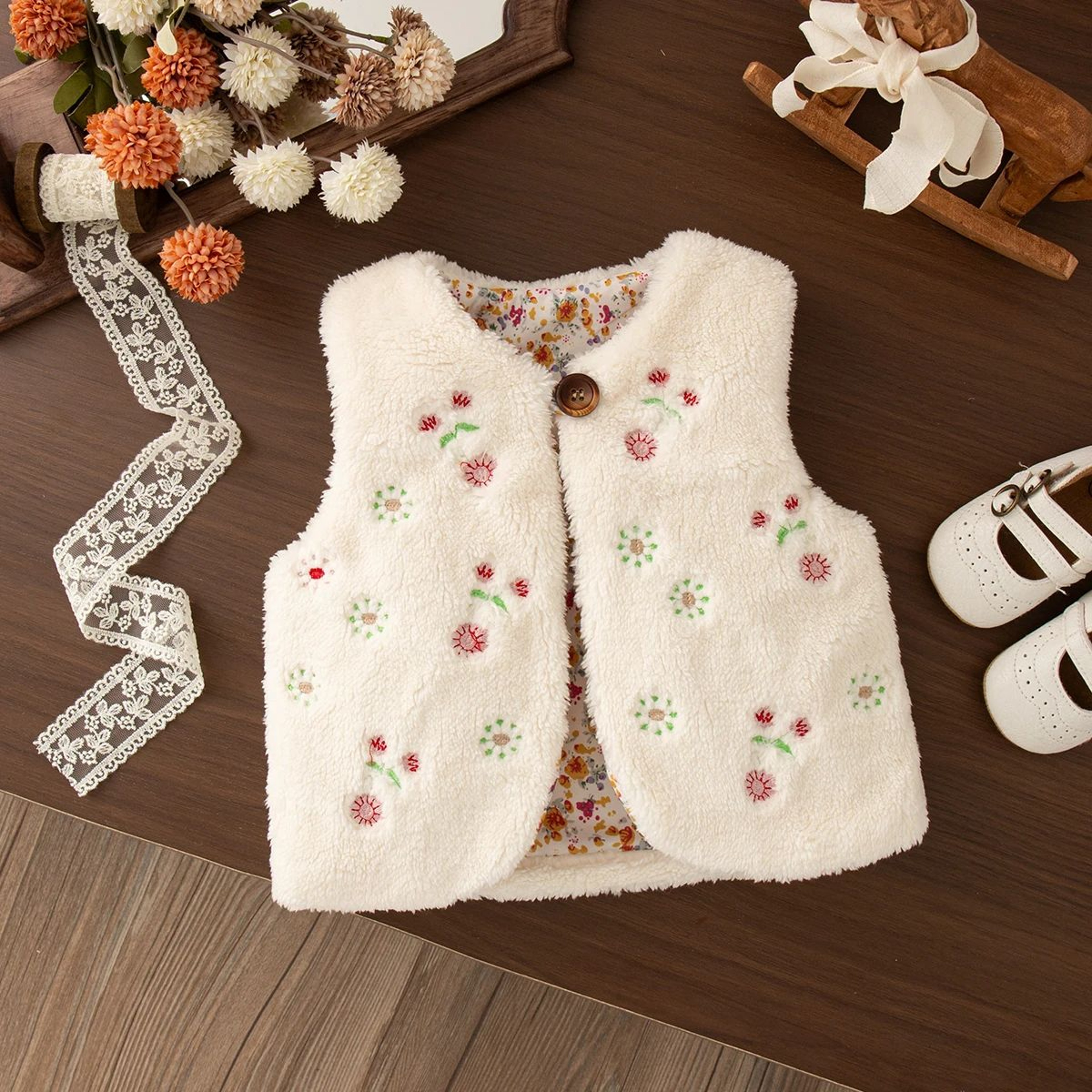 Baby Girls Warm Floral Embroidered Winter Vest 0