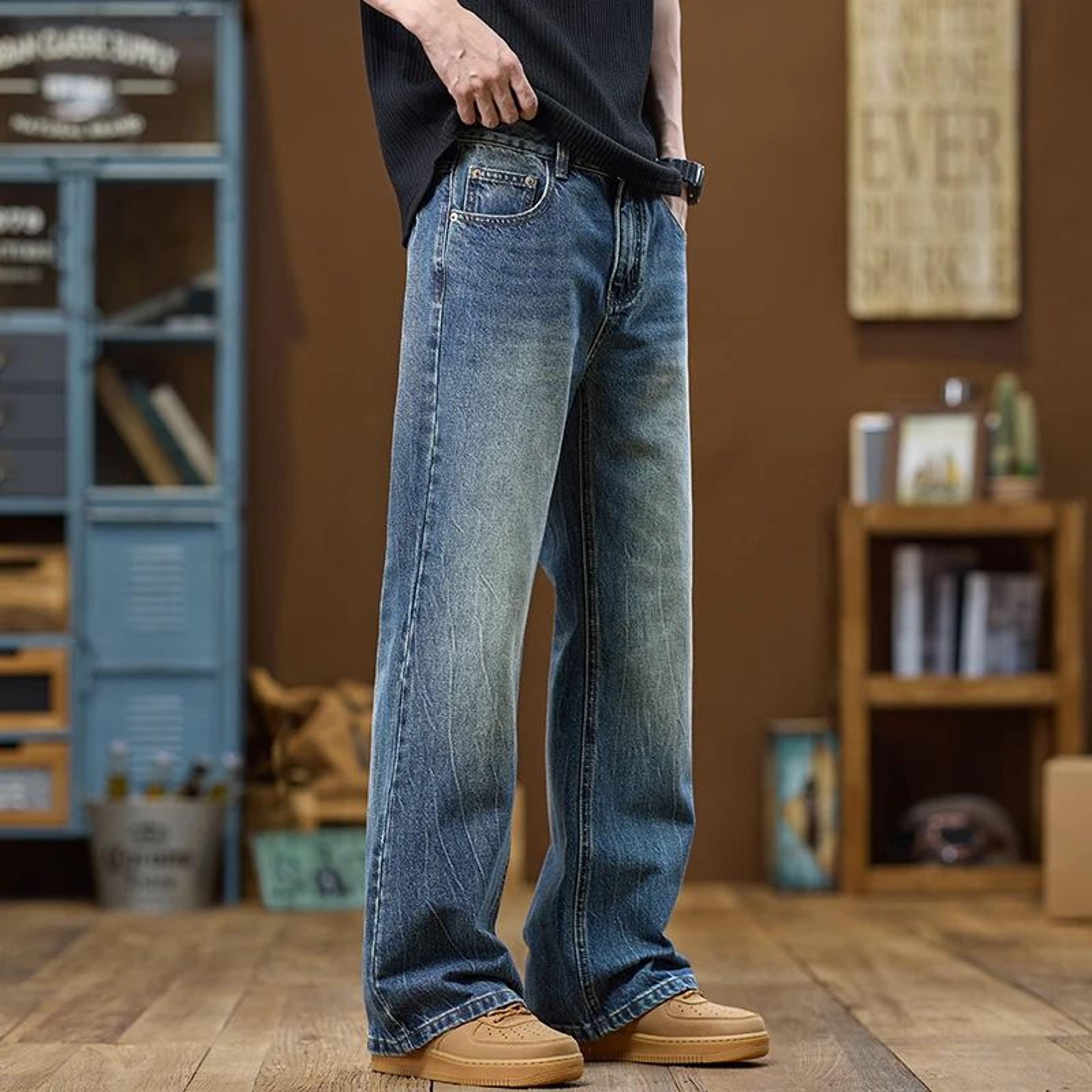 KSTUN Mens Blue Flared Jeans Full Length Bootcut Denim Pants 2