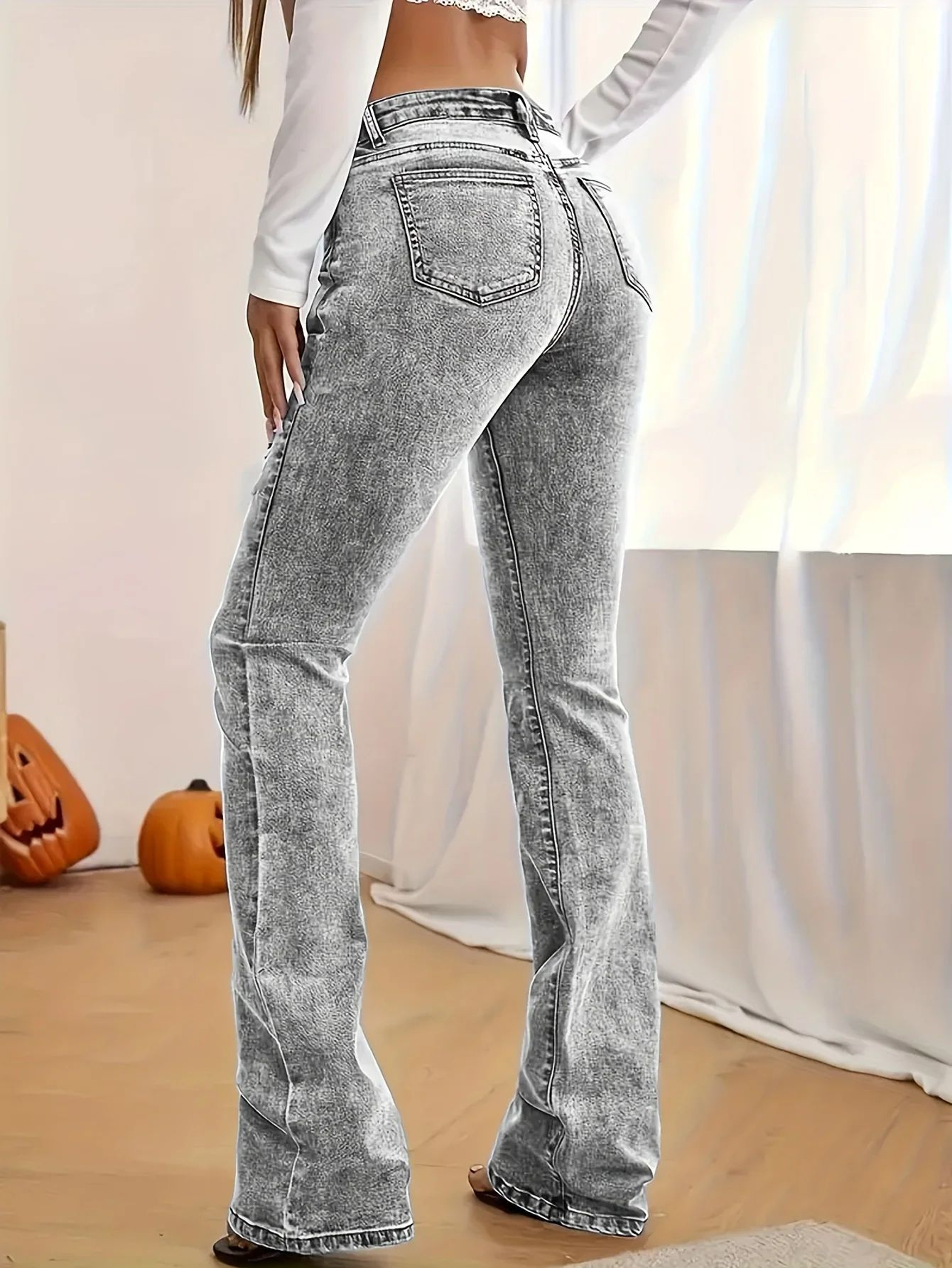 Womens Gray Low Rise Bootcut Jeans With Y2K Snow Wash 1