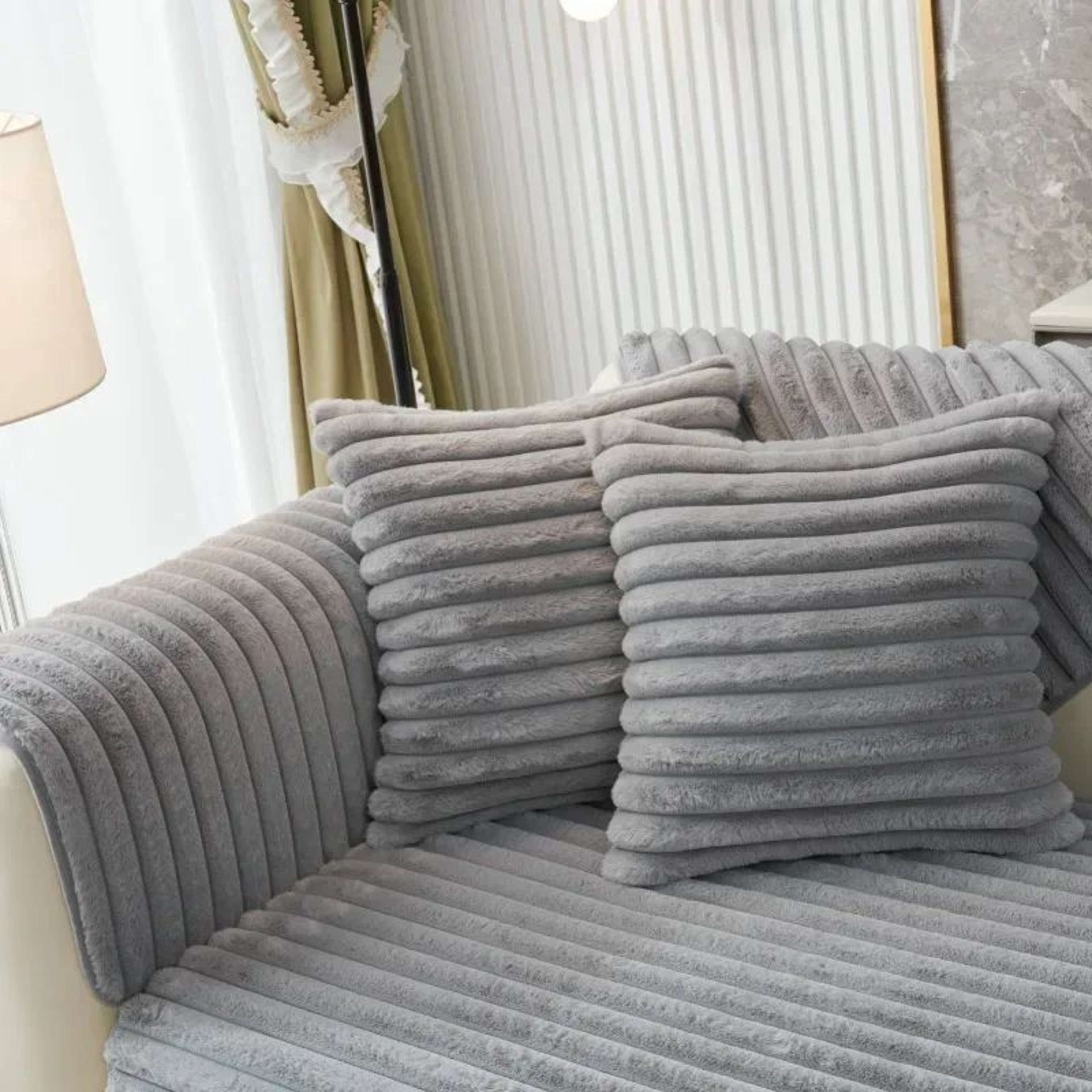 Soft Rabbit Plush Quilted Sofa Cover For Cozy Winter Seating 5