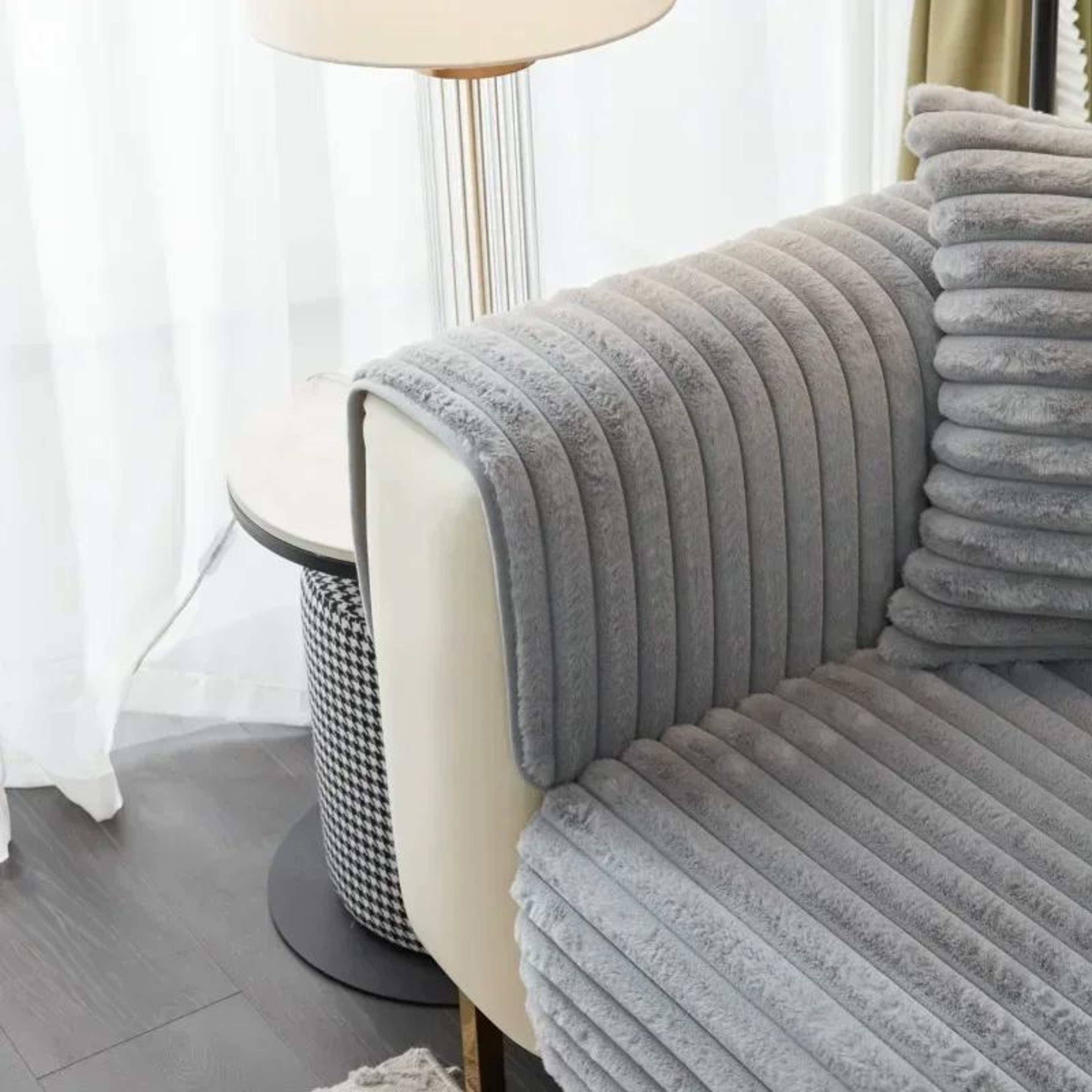 Soft Rabbit Plush Quilted Sofa Cover For Cozy Winter Seating 2