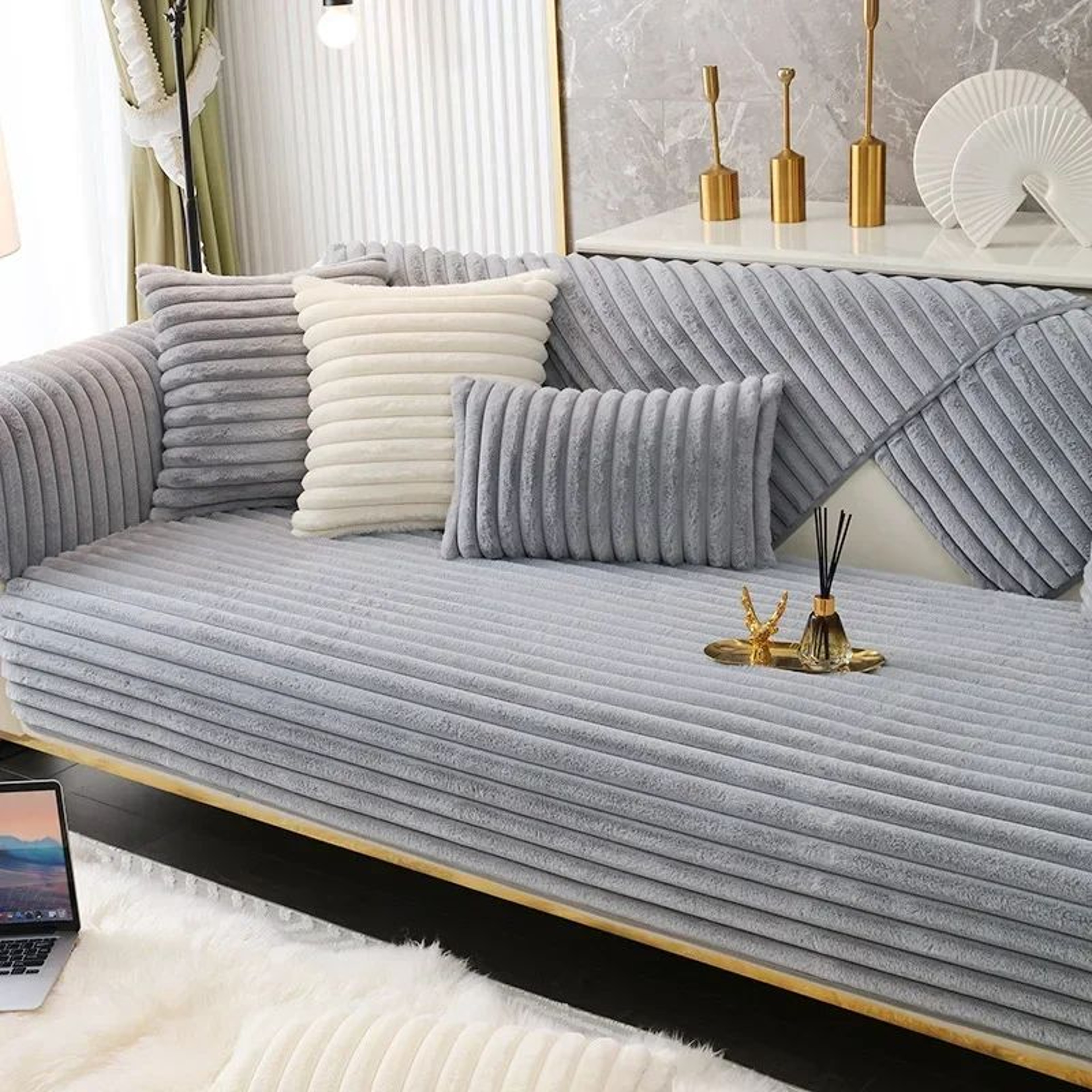 Soft Rabbit Plush Quilted Sofa Cover For Cozy Winter Seating 1