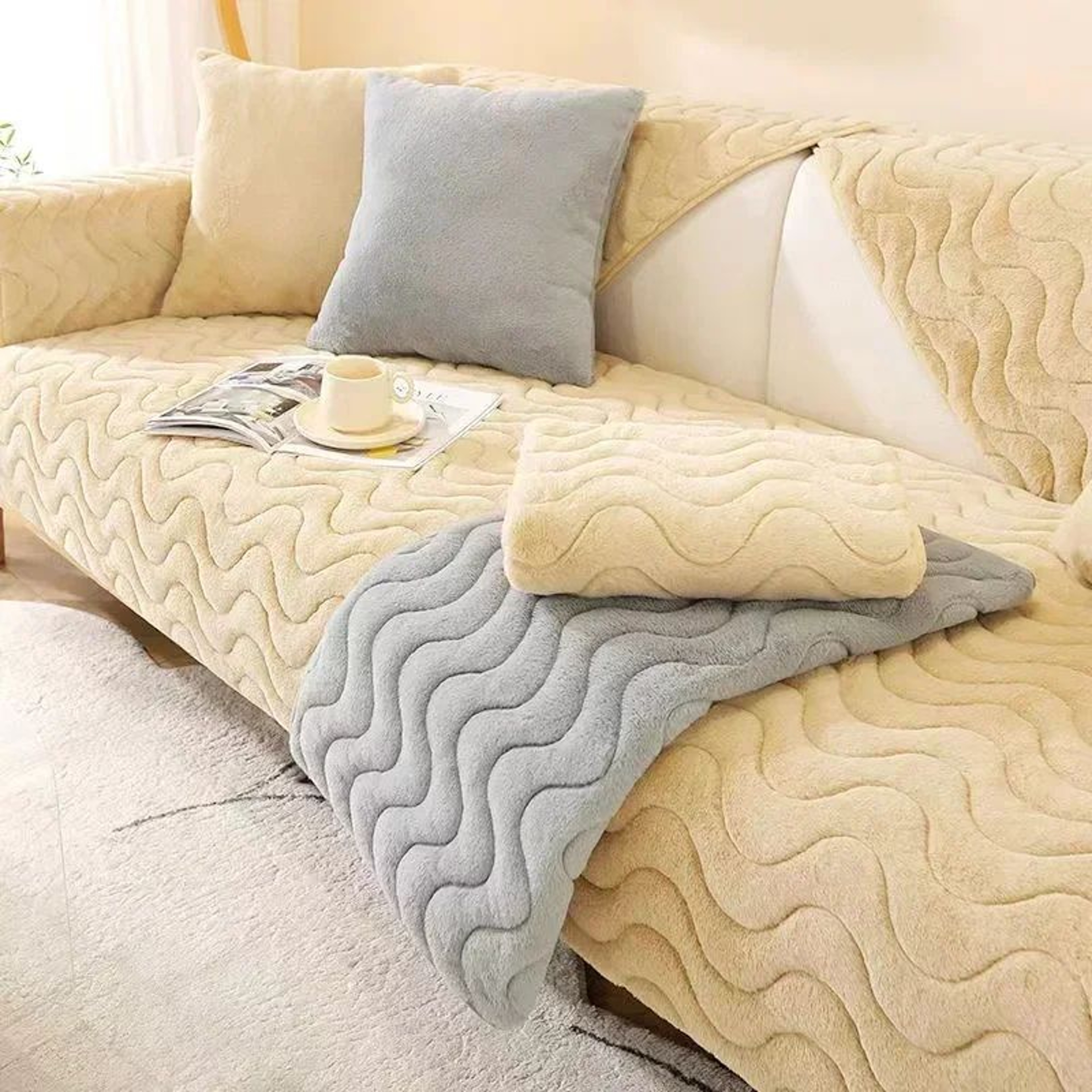 Soft Rabbit Plush Quilted Sofa Cover For Cozy Winter Seating 12