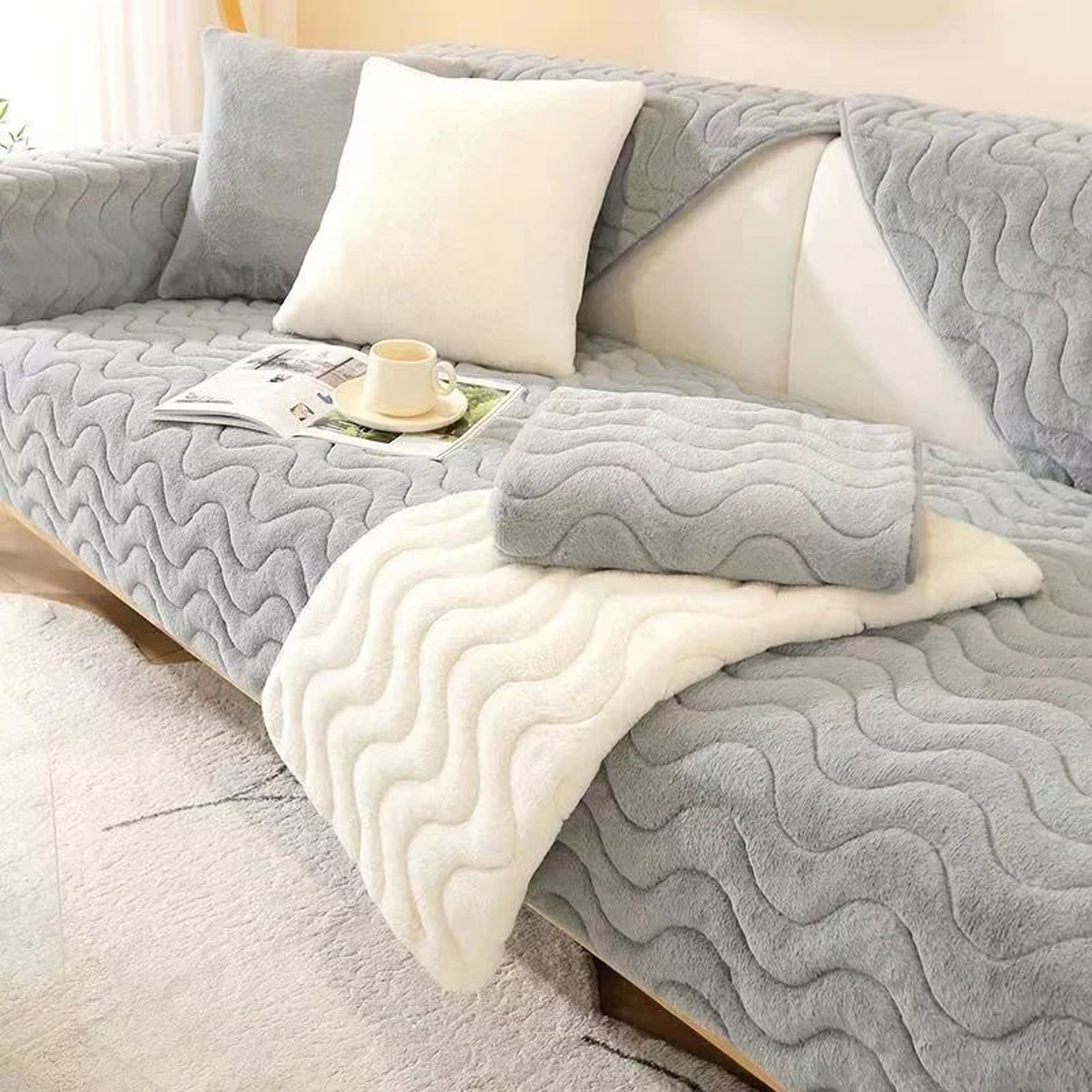 Soft Rabbit Plush Quilted Sofa Cover For Cozy Winter Seating 11