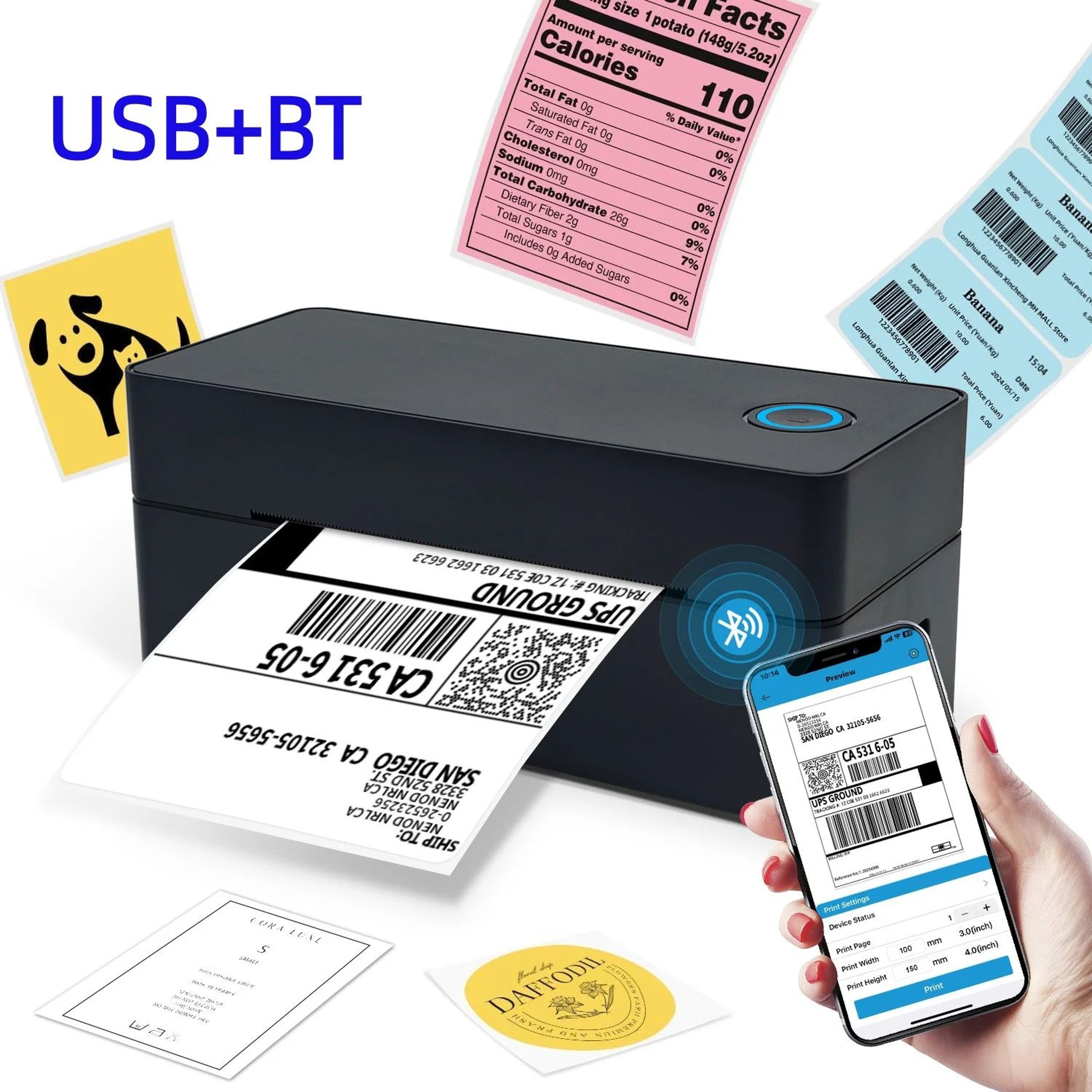 Portable 4x6 Thermal Shipping Label Printer With Bluetooth And USB 0