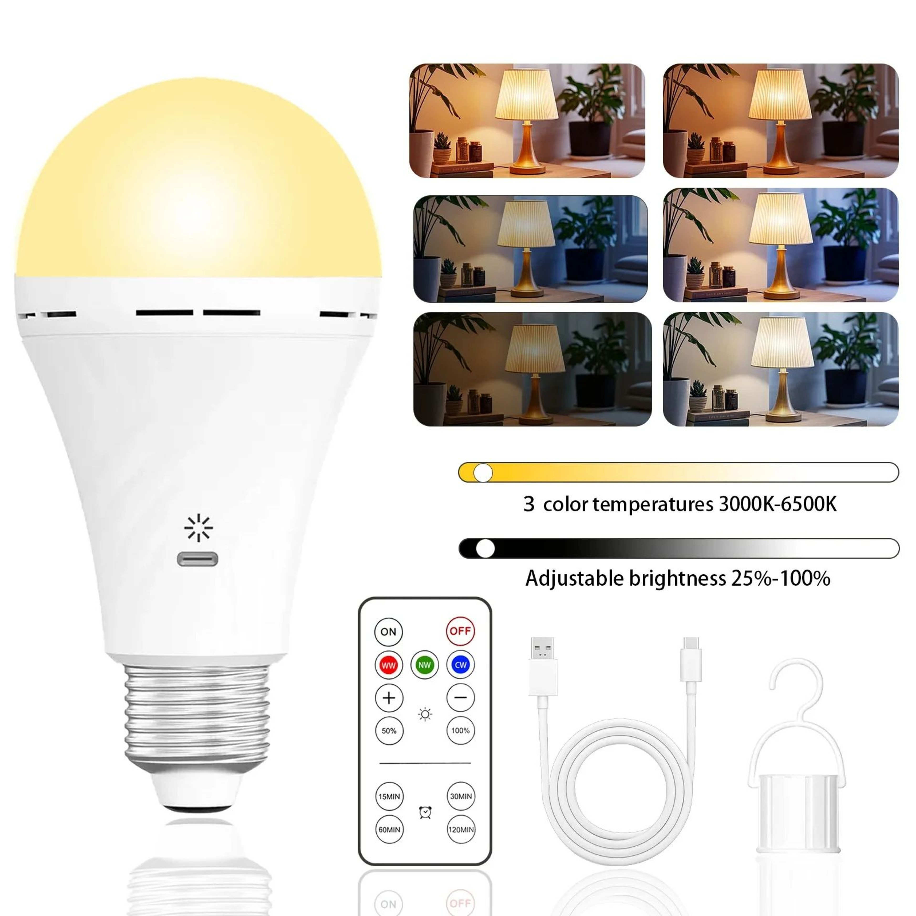 USB C Rechargeable Emergency Bulb With Remote And Three Light Colors 7