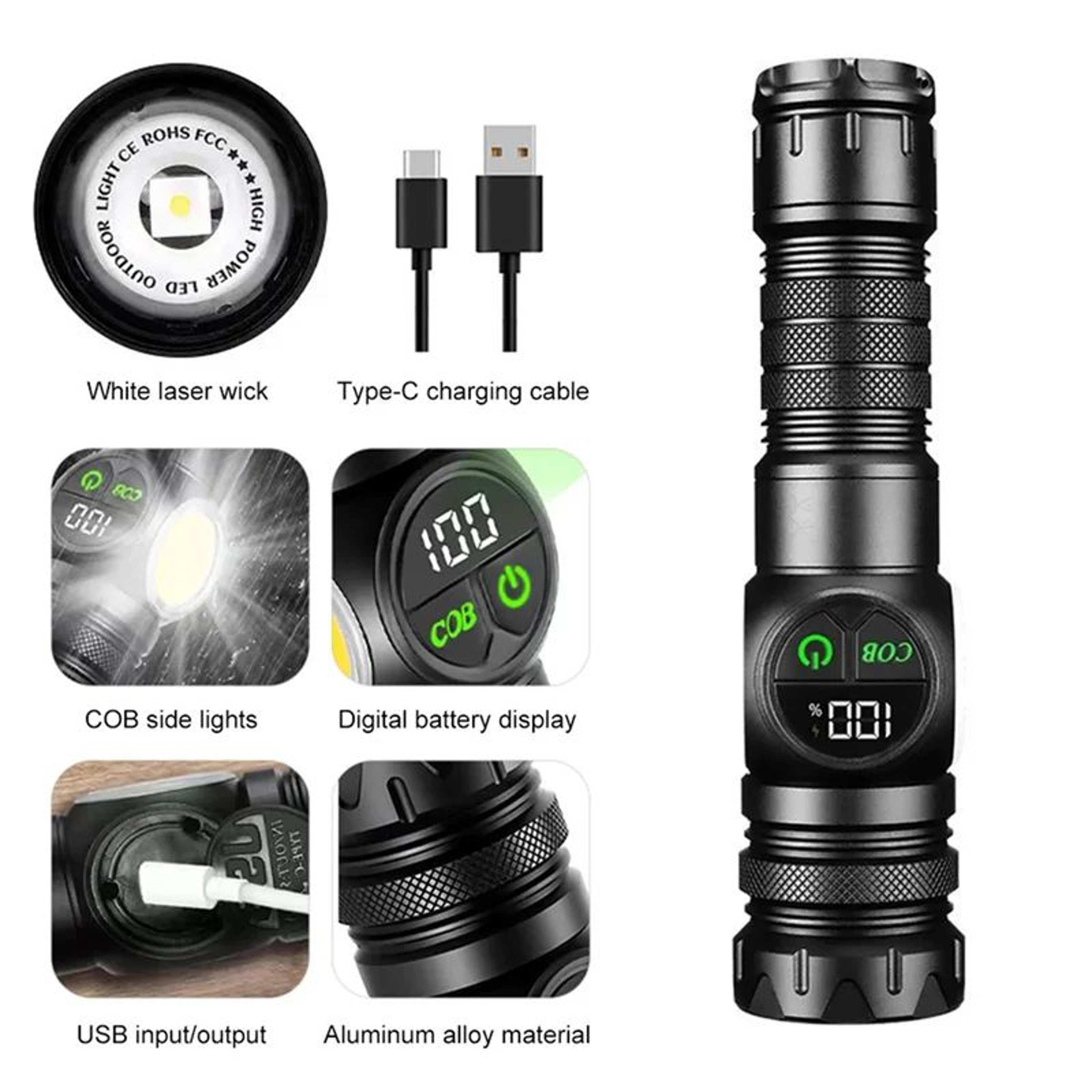 Magnetic USB Rechargeable LED Flashlight With COB Side Light 7