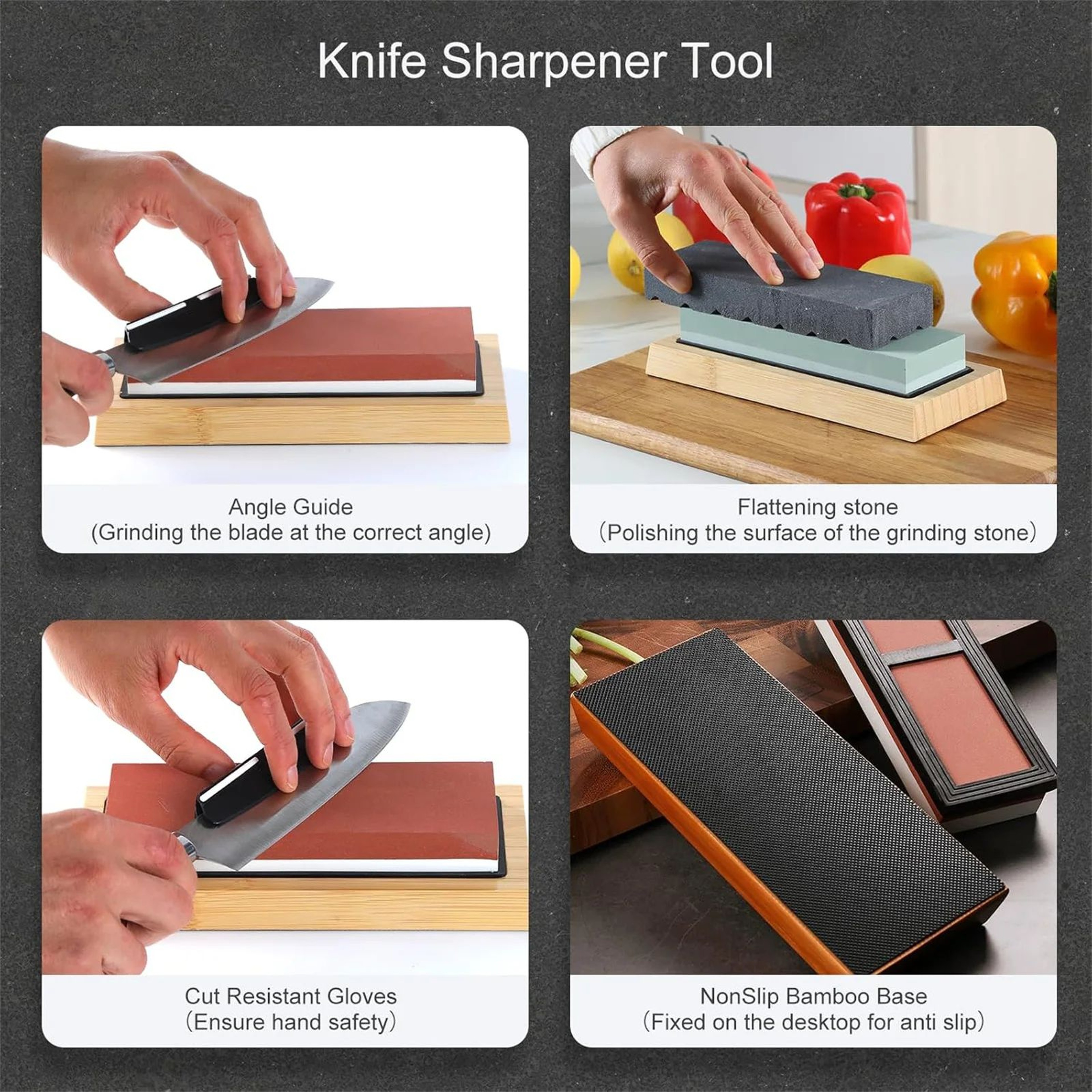 Dual Sided Knife Sharpening Stone Kit With Bamboo Base And Angle Guide 3