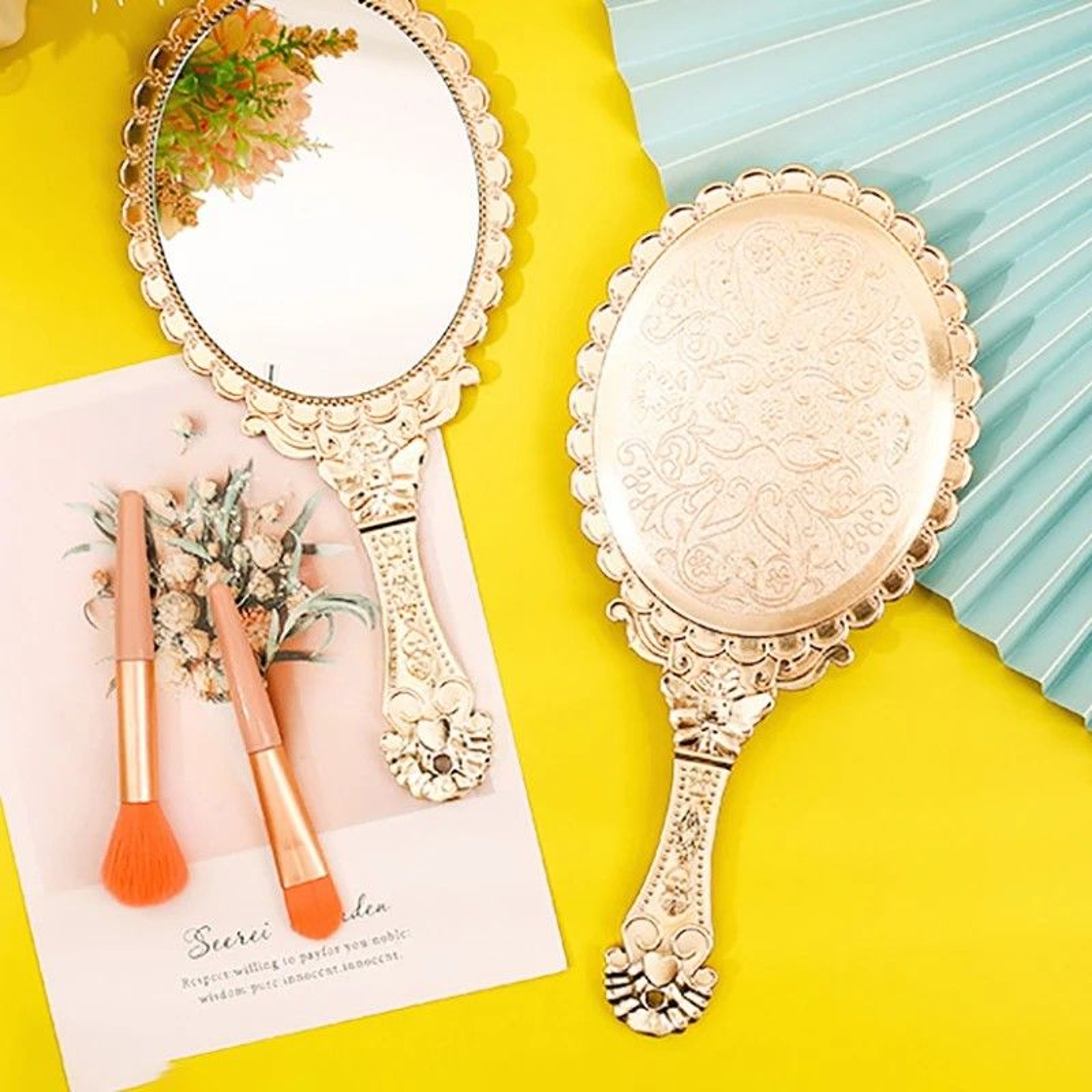 Rose Gold Vintage Handheld Mirror Elegant Portable Vanity Compact With Mirror  Handle 1