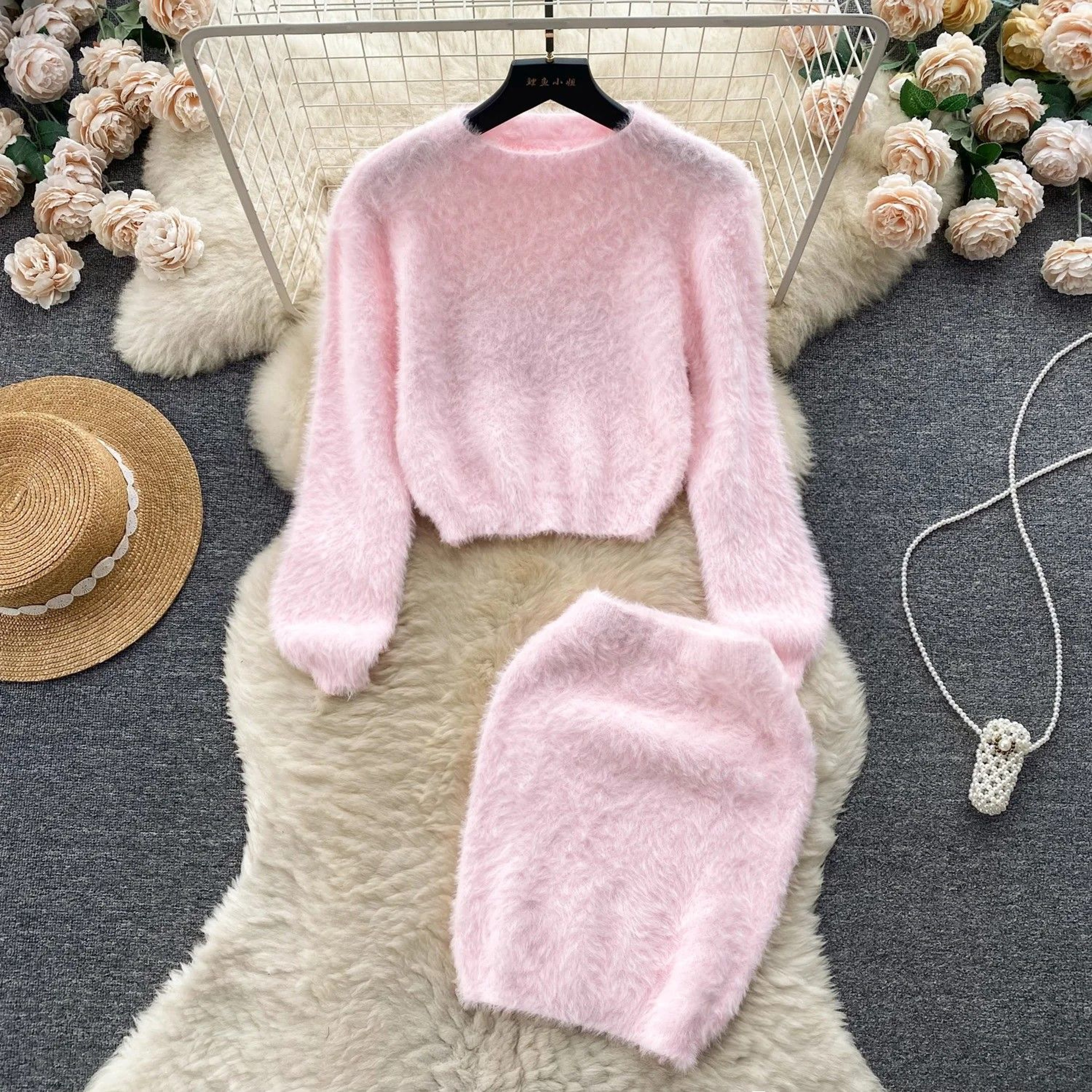 Elegant Harmony Knit Set Pullover  HighWaist Skirt TwoPiece Outfit Korean Style Sweater Set 0