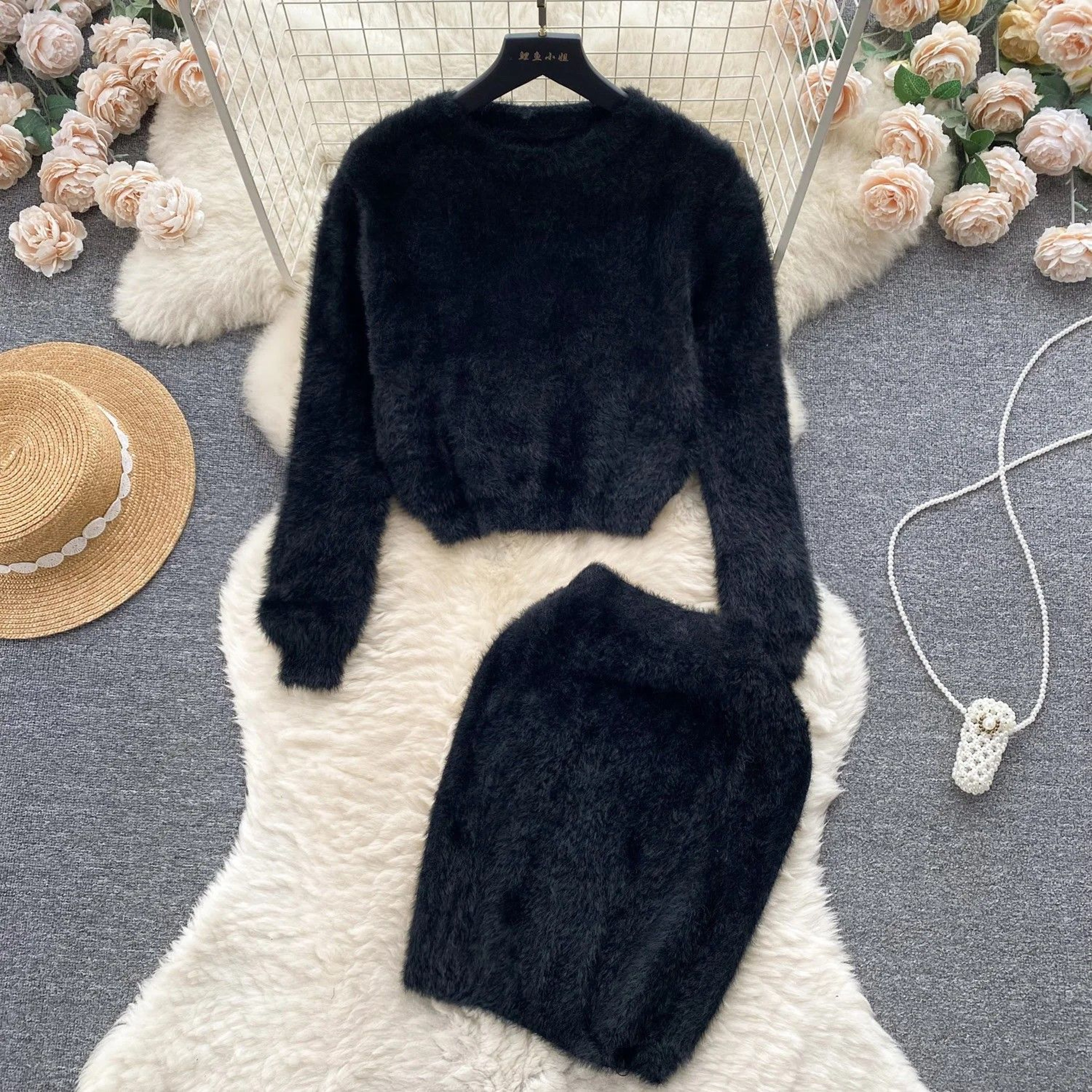 Elegant Harmony Knit Set Pullover  HighWaist Skirt TwoPiece Outfit Korean Style Sweater Set 2