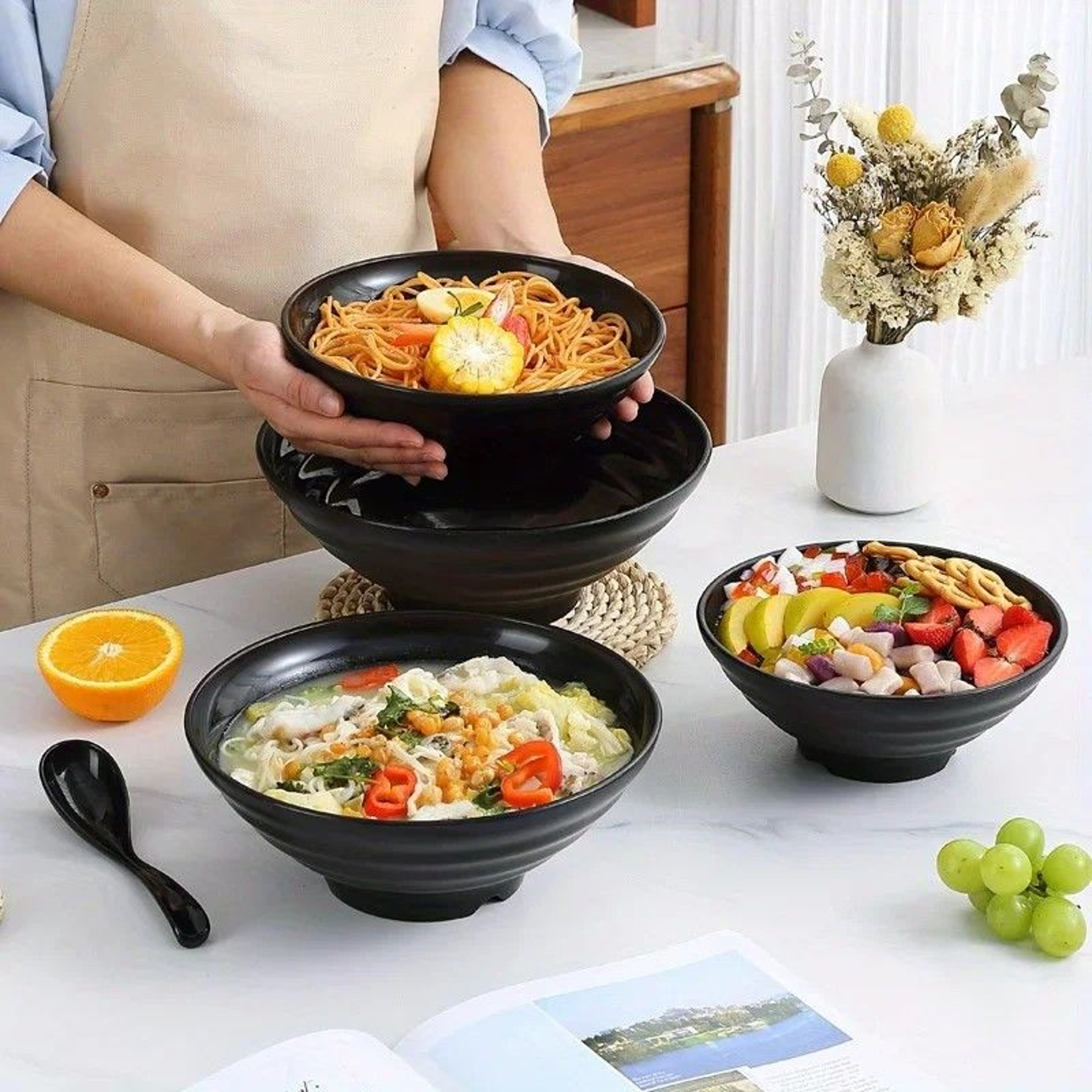 Pure Black Grande Striped Bowl HighCapacity Durable Tableware 1