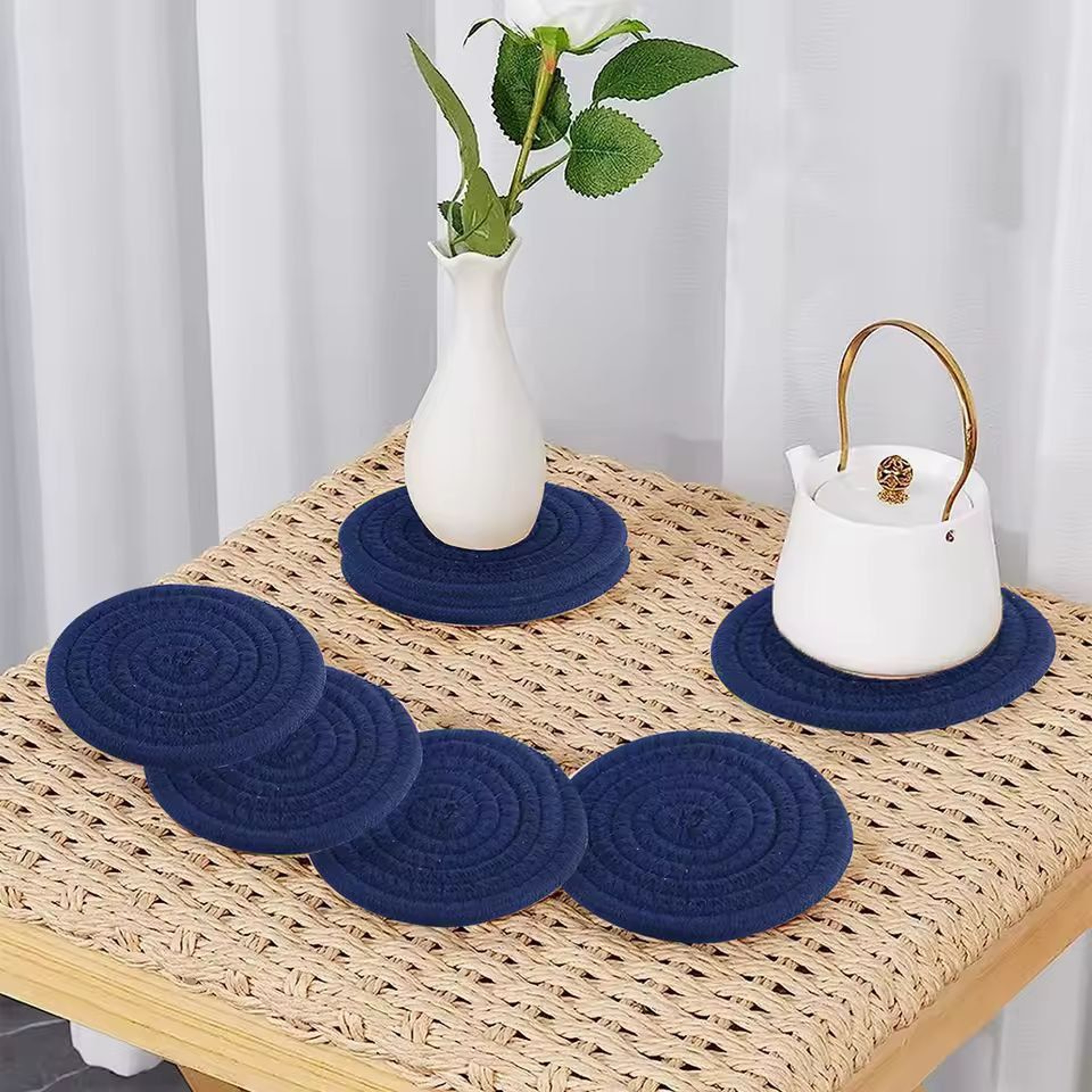 SilkWeave Round Cotton Cup Mat  12 Cm Stylish Tabletop Coaster  HeatProtection Pot Holder 3