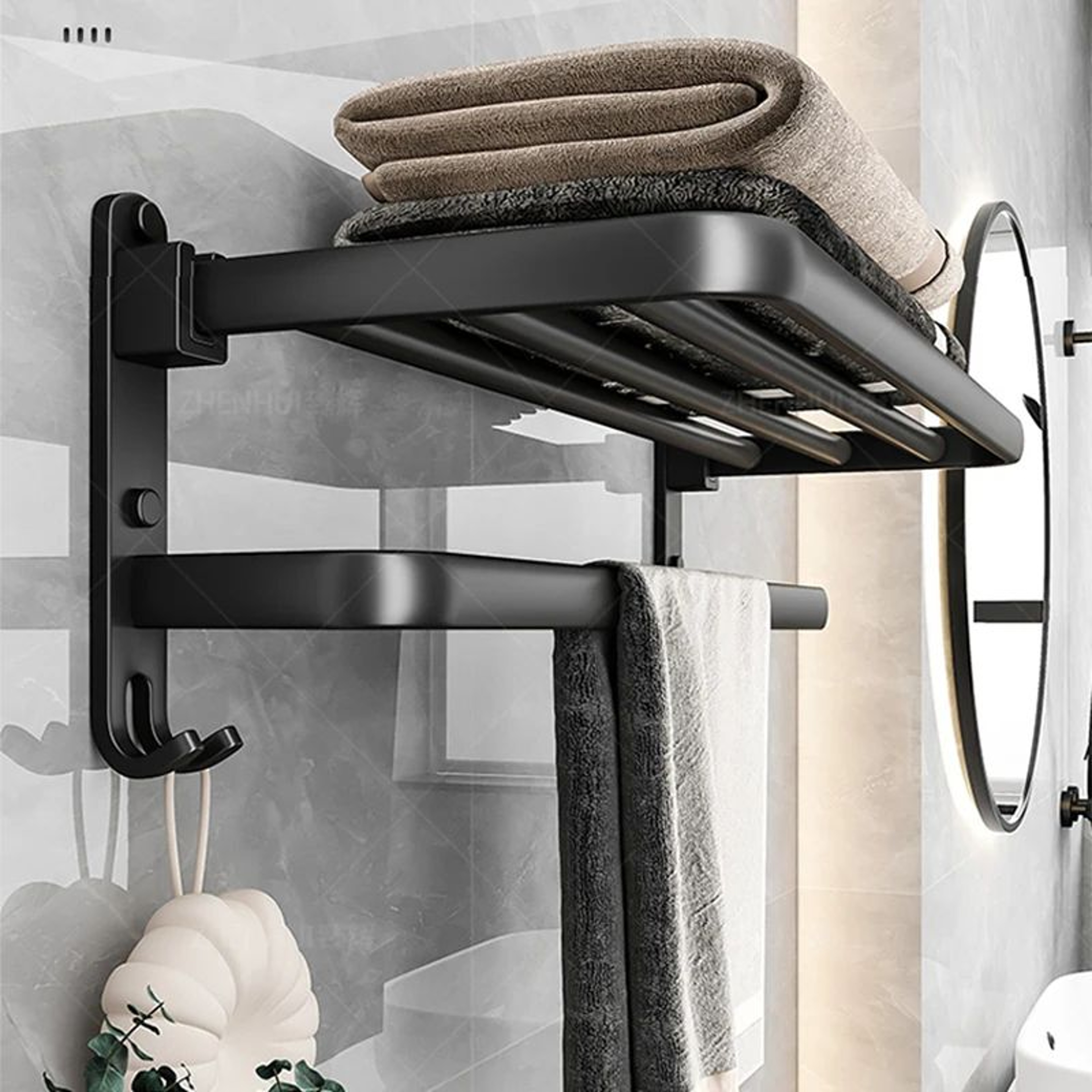 MatteBlack 20Inch WallMount Foldable Towel Rack  Hook  SpaceSaving Bathroom Organizer 6