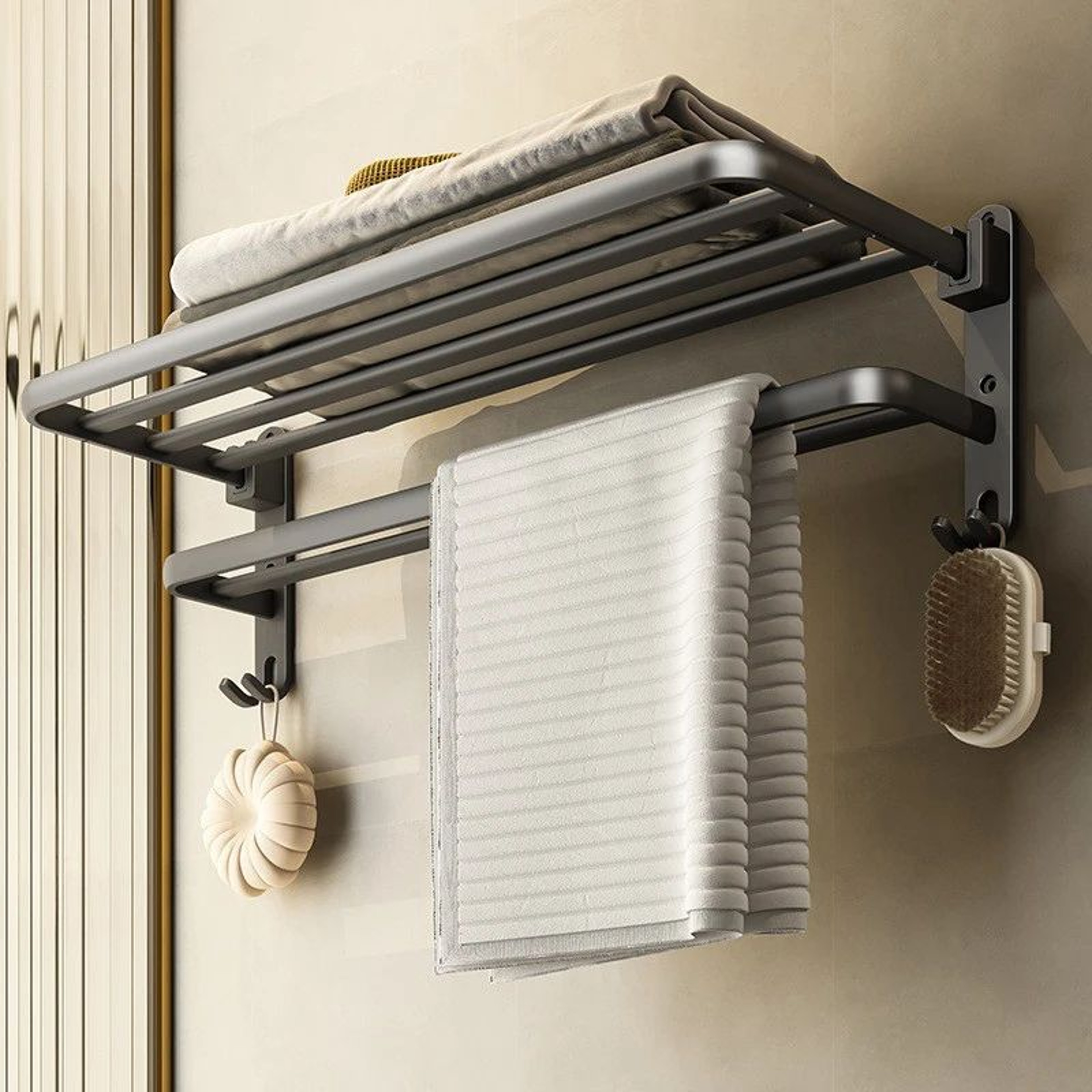 MatteBlack 20Inch WallMount Foldable Towel Rack  Hook  SpaceSaving Bathroom Organizer 7