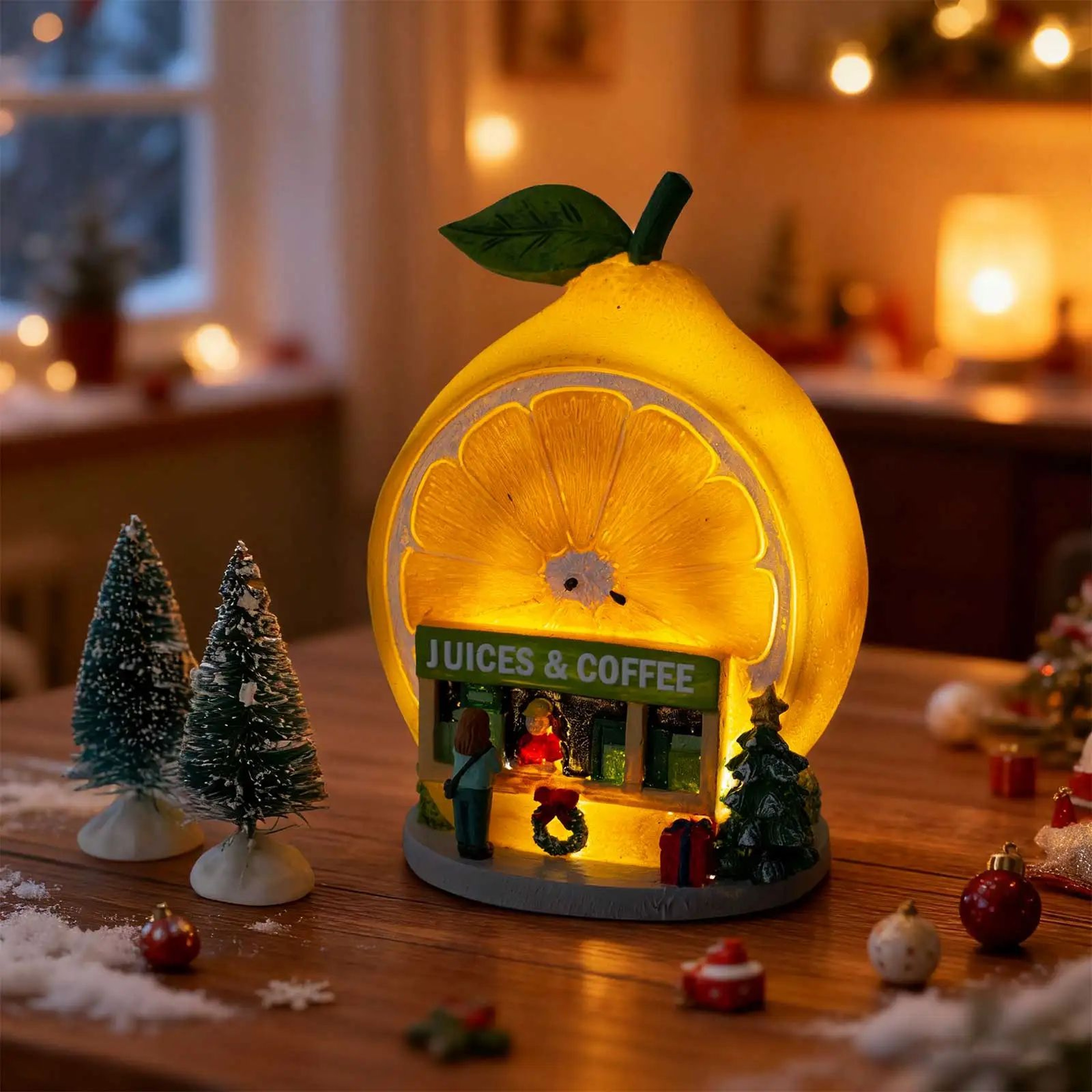 Christmas Cozy Snowy Lemon  Coffee Shop LED Village Ornament 0