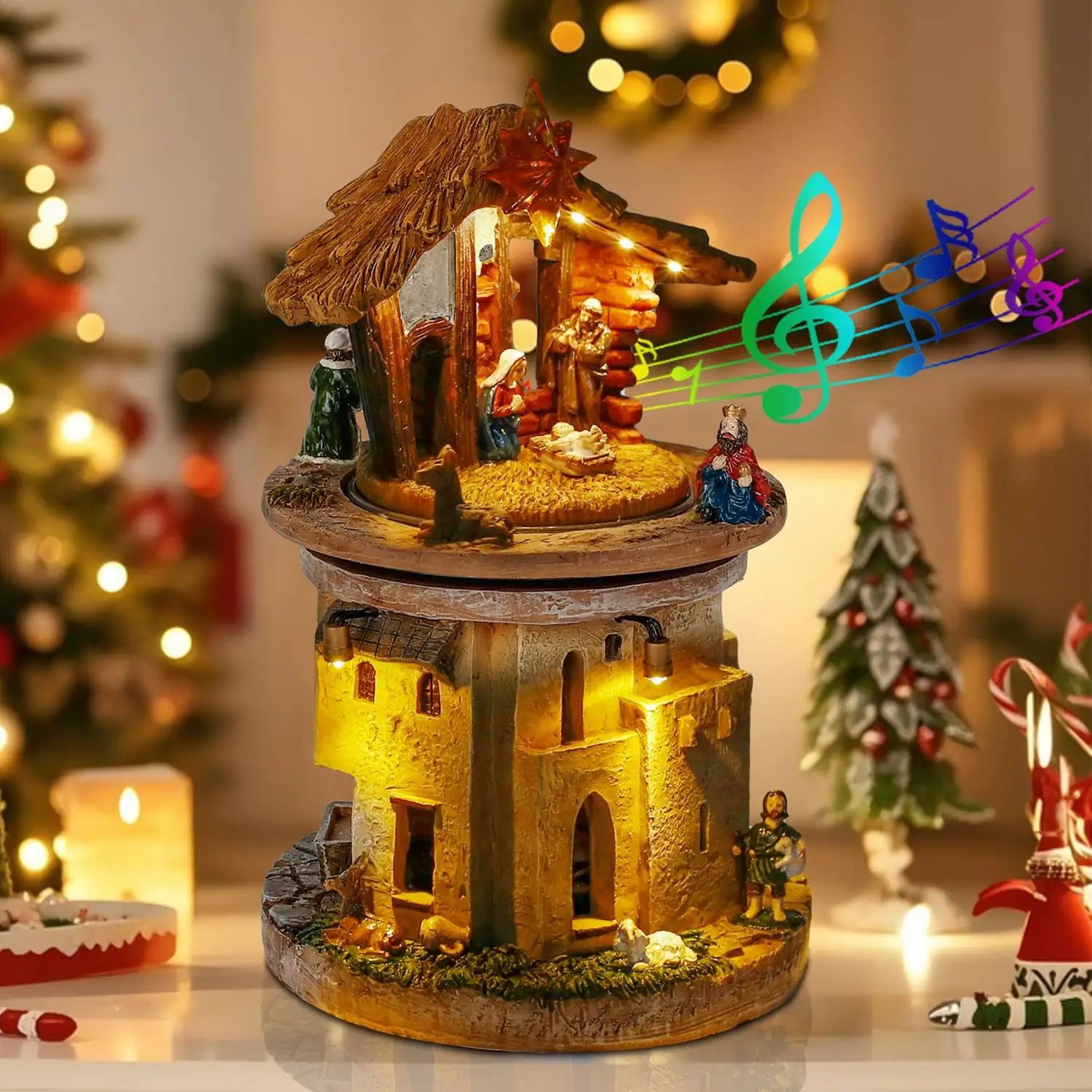 RadiantRotating Christmas Nativity Scene  Lighted  Musical Holy Family Manger Decoration 0