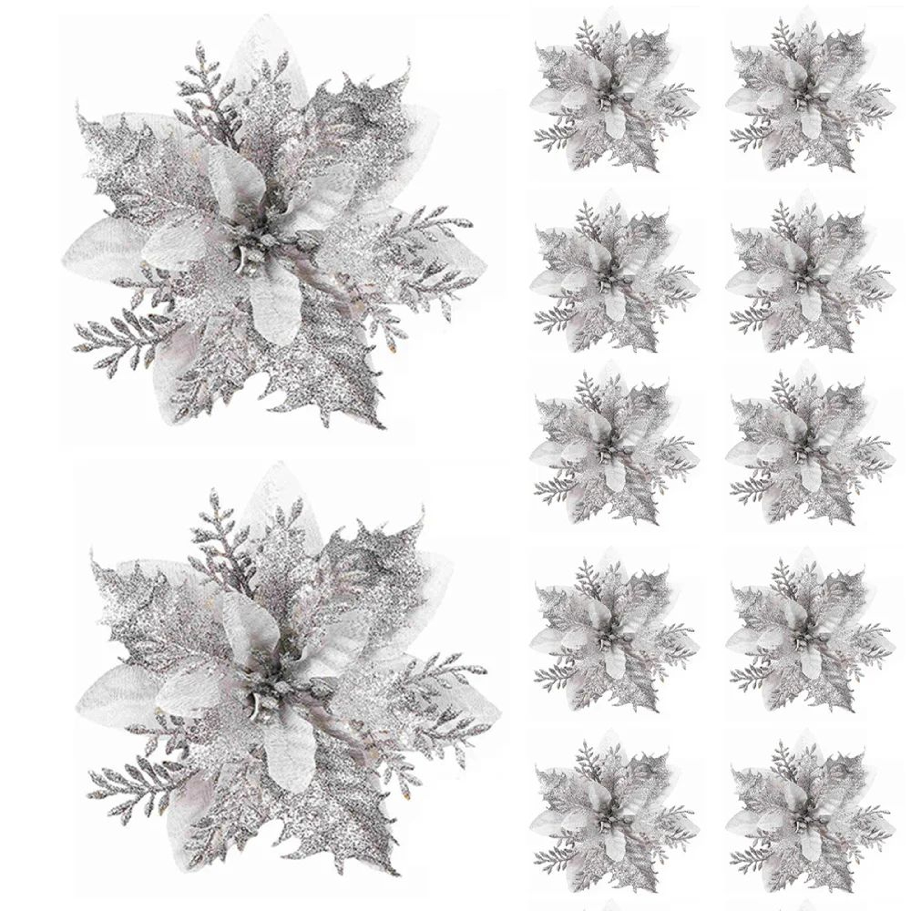 Festive Elegance 12Piece Artificial Poinsettia Christmas Flower Set  Glitter ClipOn Ornaments For T 6