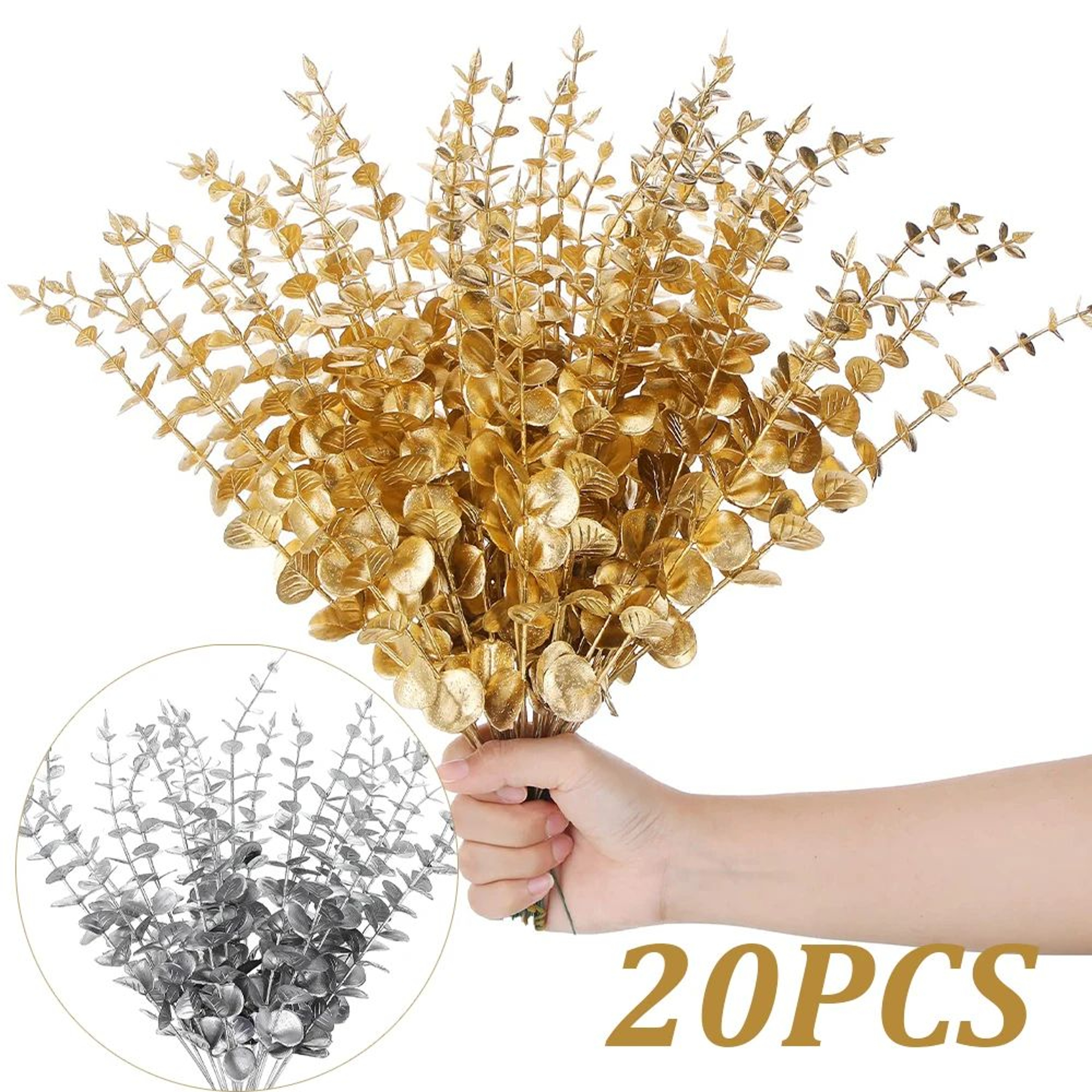 Gold  Silver Eucalyptus Design Stems  20Piece Metallic Faux Branch Set For Weddings Holidays  Home  0