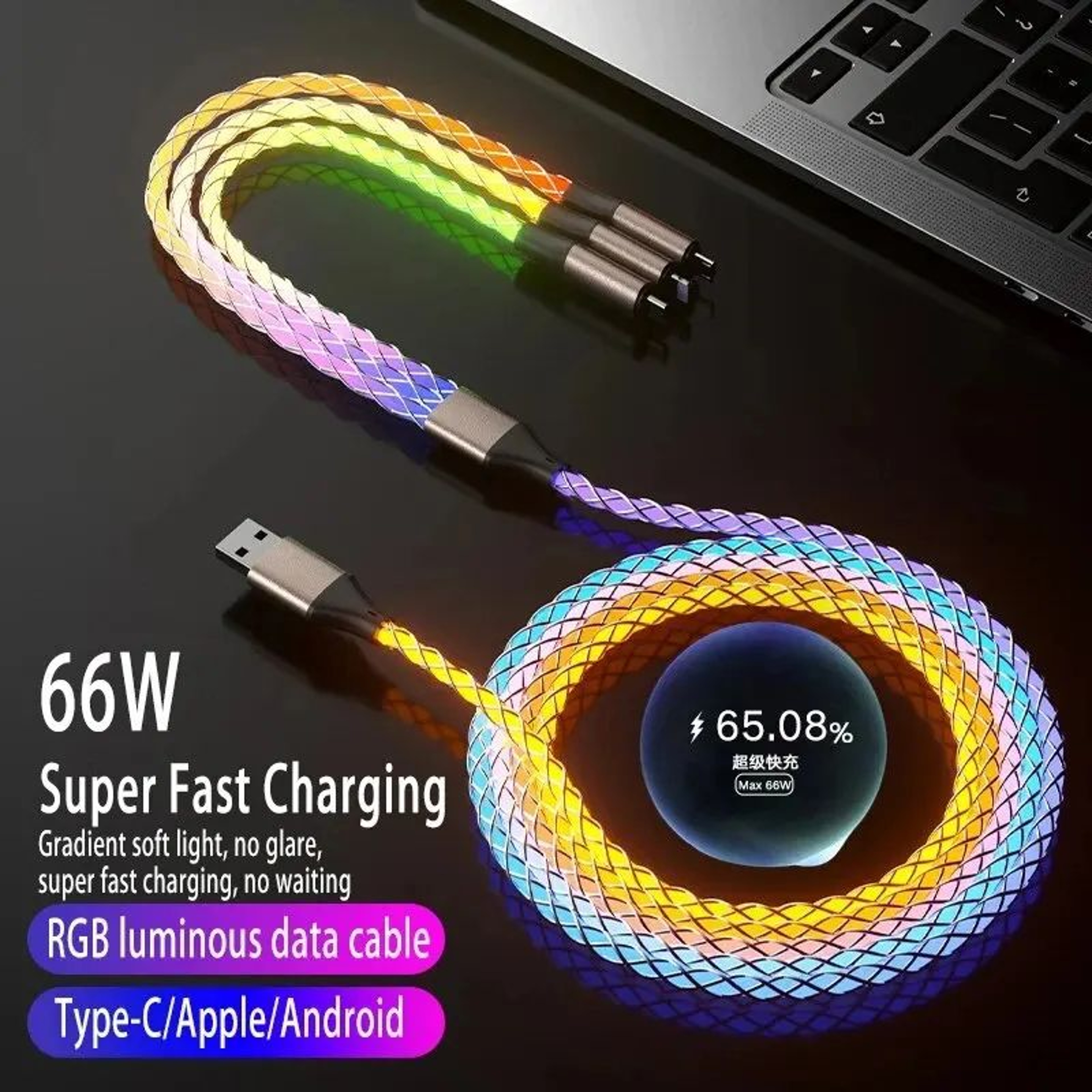 UltraCharge 6A Fast Charging 3 In 1 Charging Cable With RGB Light  Universal MultiDevice Sync  Powe 0
