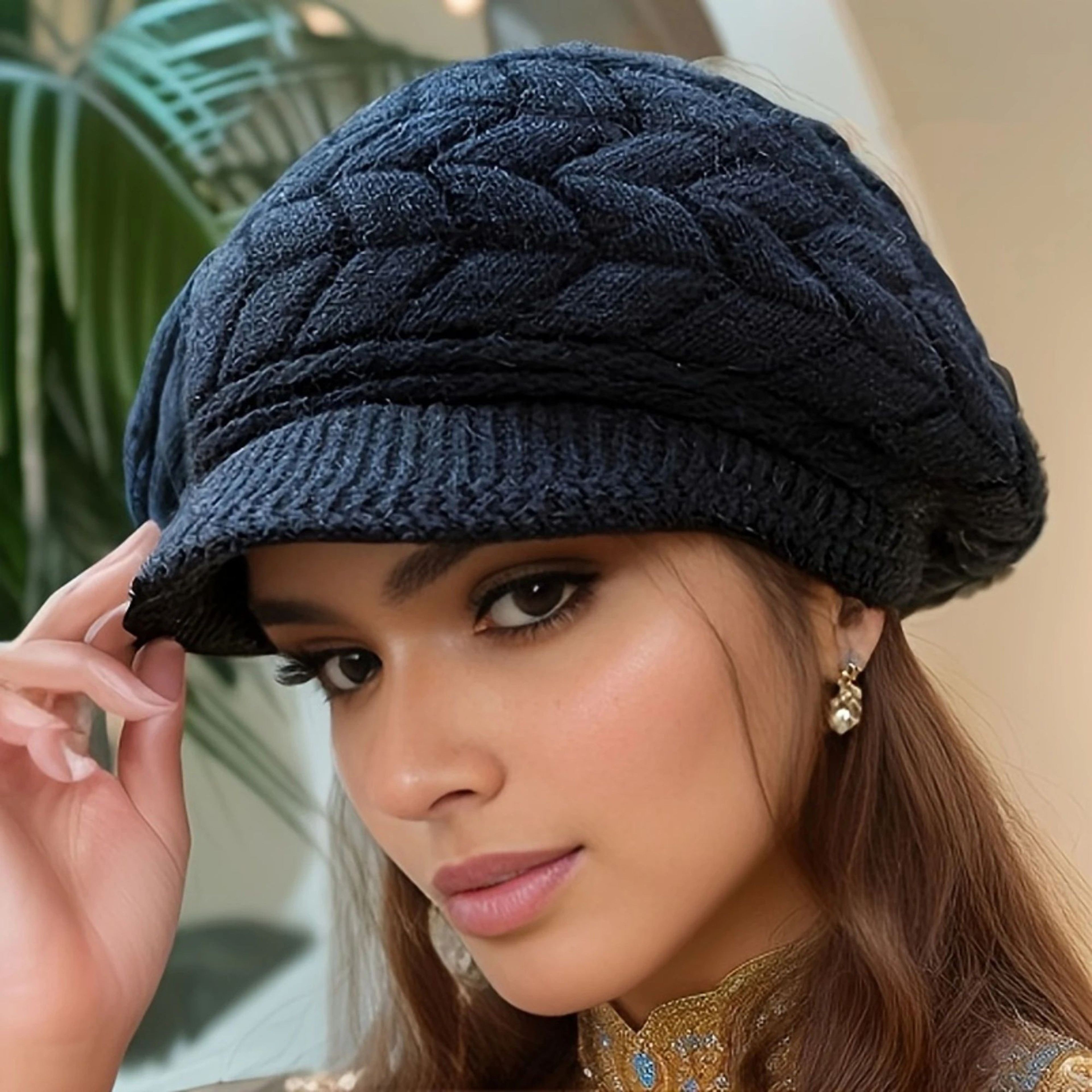 Retro Winter Knit Beanie With Brim For Women  Warm Ski Run  Outdoor Cap 4