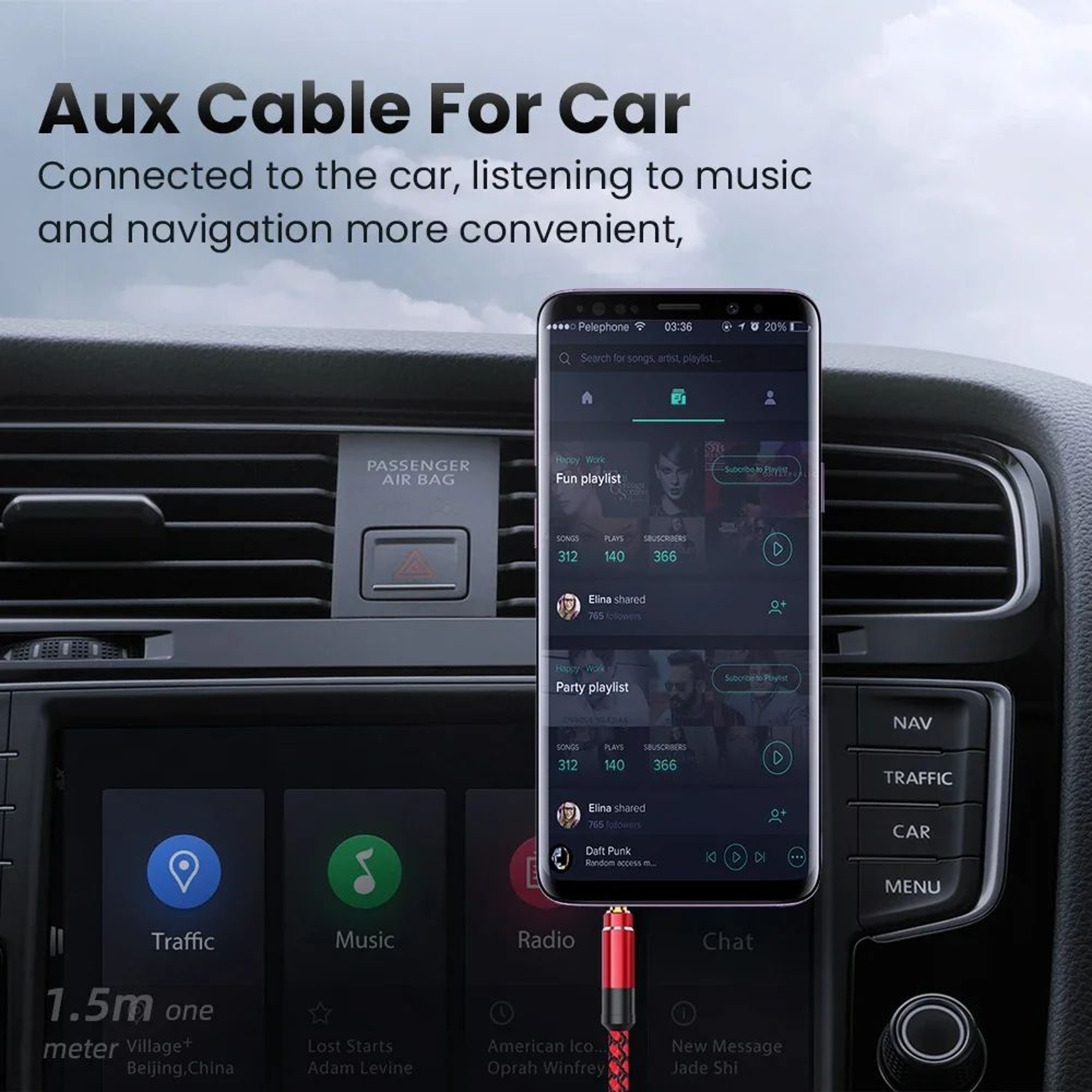 NNBILI Nylon Braided 35mm AUX Audio Cable For Car Phone  Speakers 2
