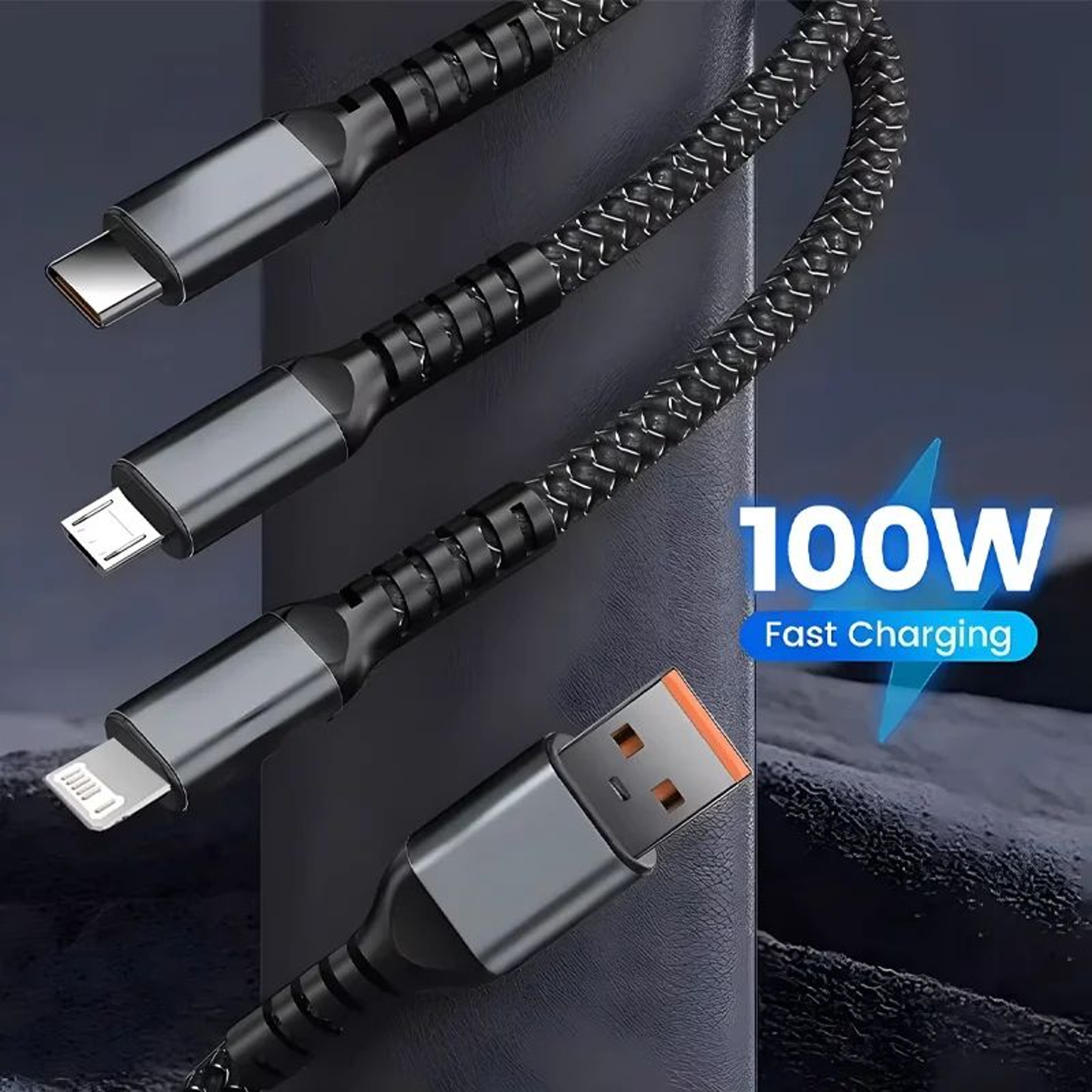 3in1 100W Fast Charging Cable With LED Indicator  USBC Micro USB  Lightning Universal Charger 1