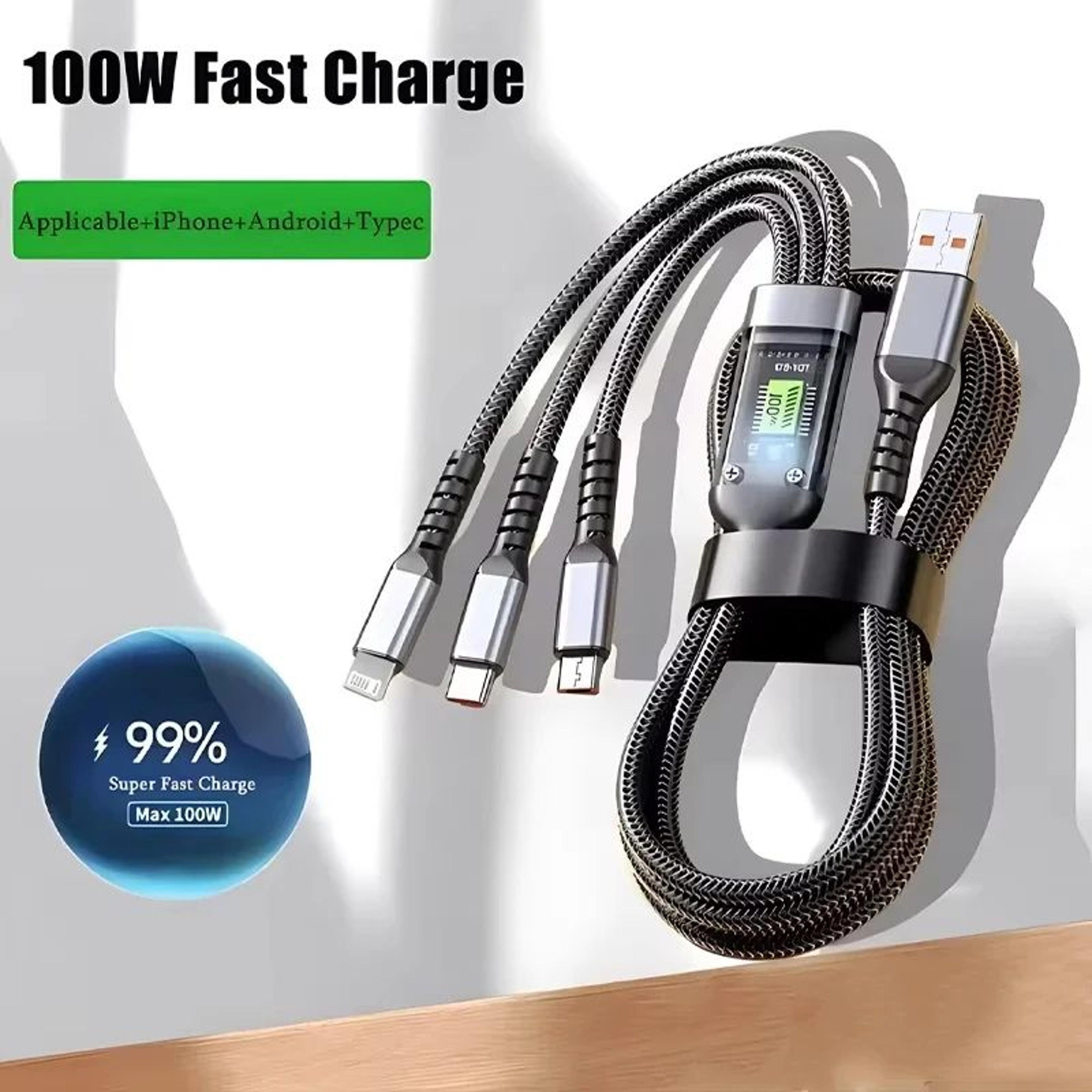 3in1 100W Fast Charging Cable With LED Indicator  USBC Micro USB  Lightning Universal Charger 3