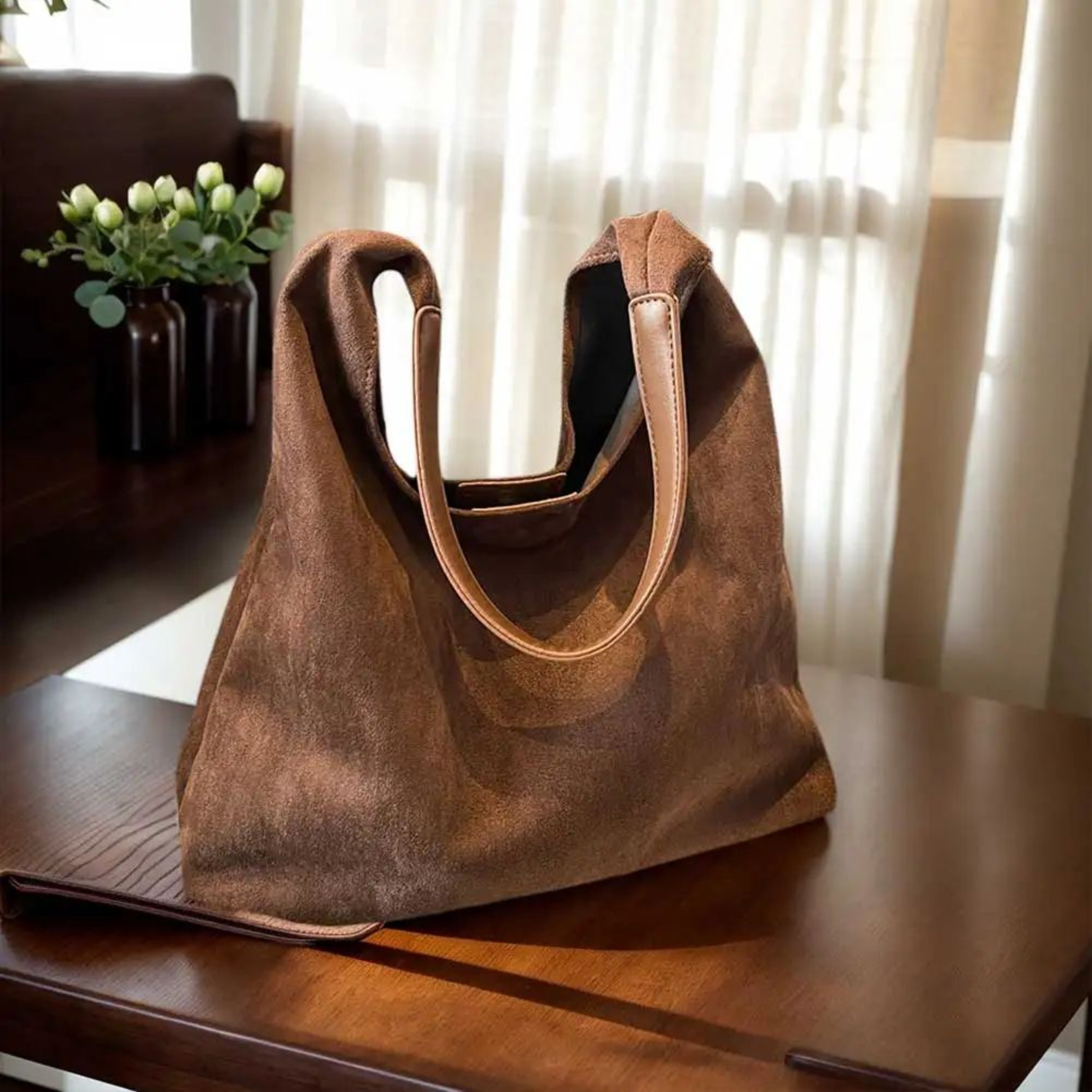 Vintage Suede Hobo Shoulder Bag  Large Capacity Retro Work Tote For Women 4