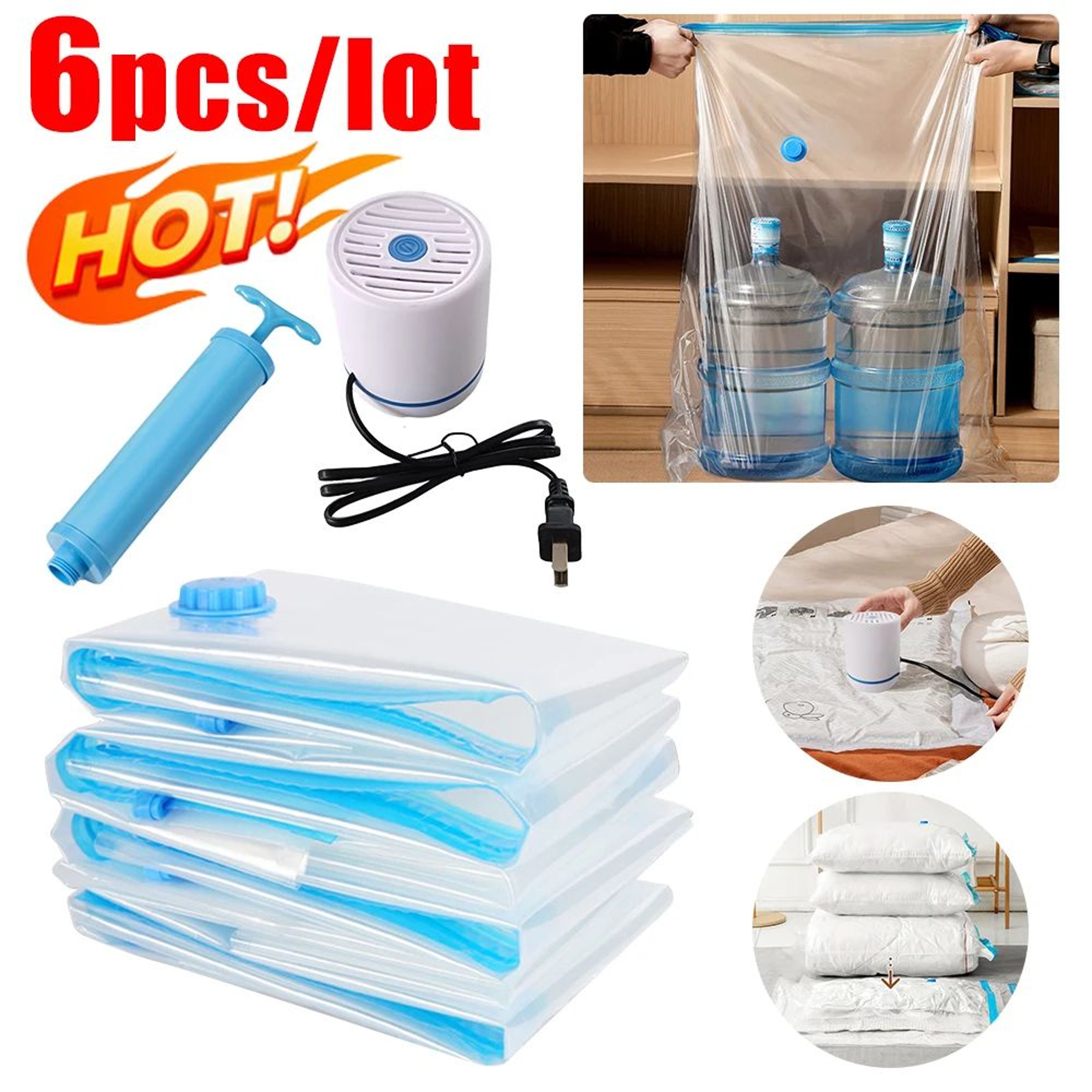 6Piece Vacuum Storage Bags With Electric Pump  SpaceSaving Compression Bags For Clothes  Bedding 0