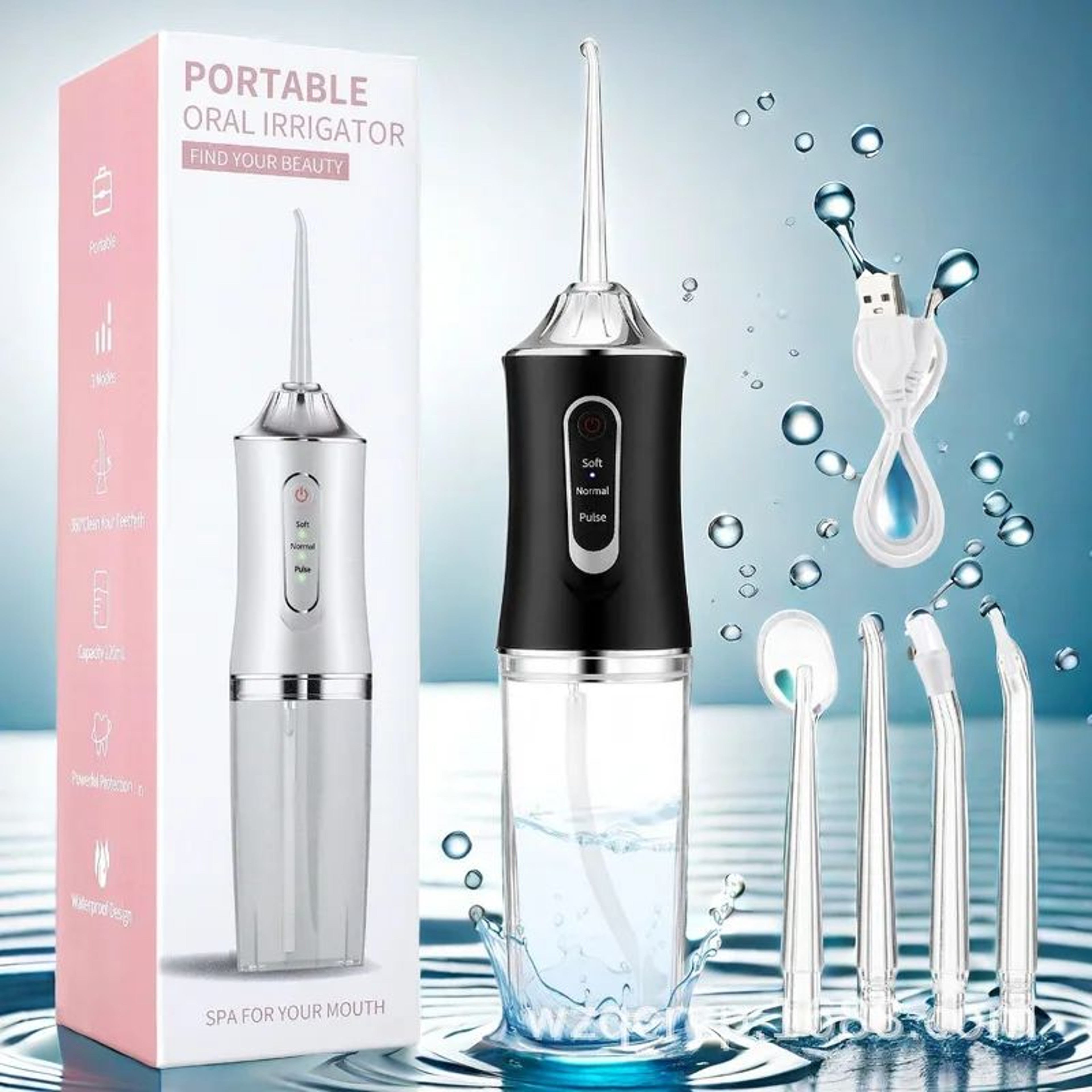 Cordless Water Flosser With 220ml Tank  Portable Oral Irrigator 3 Modes 4 Jet Tips USB Rechargeable 0