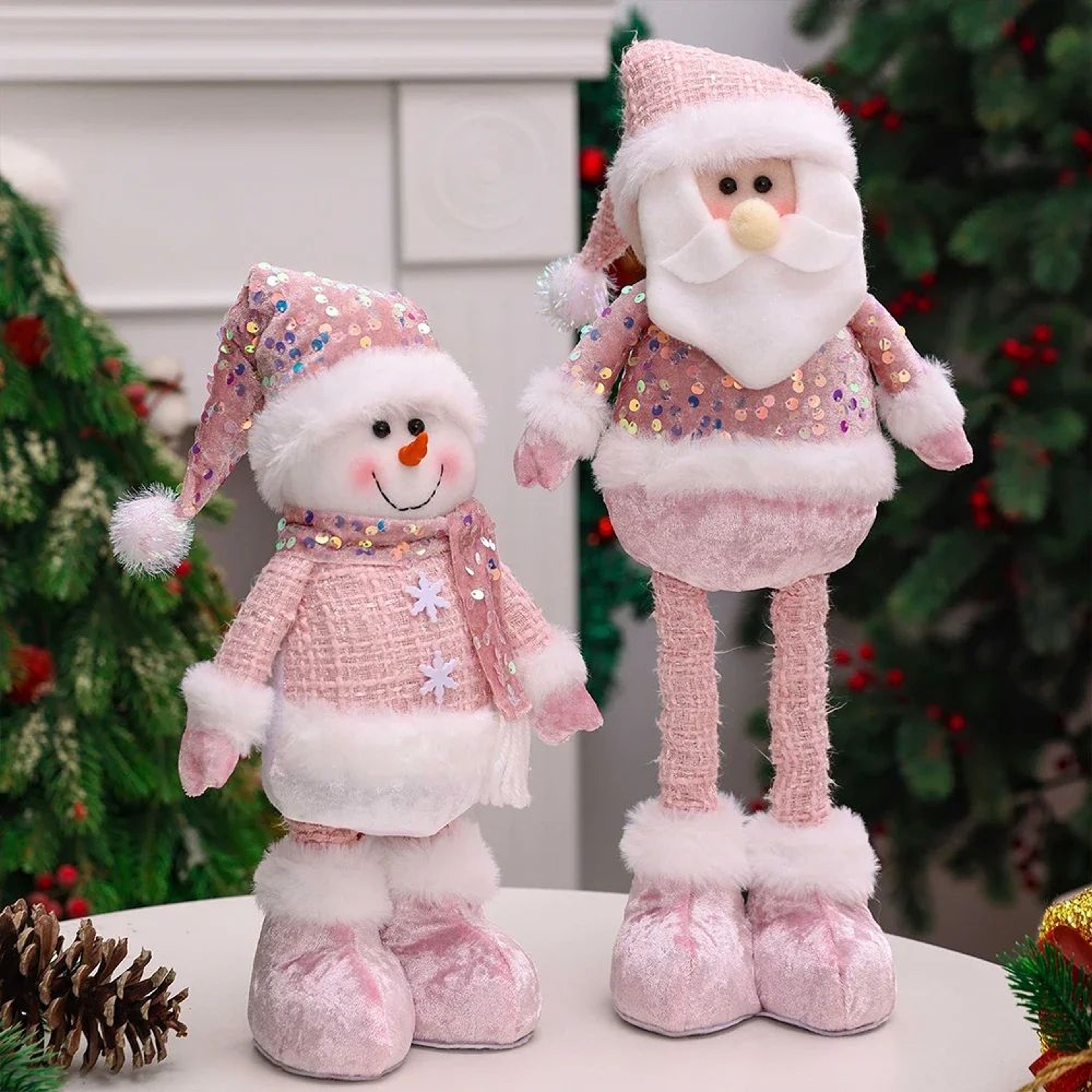 Pink Sequin Telescopic Christmas Doll  SantaSnowmanReindeer Plush Tabletop Decor 3